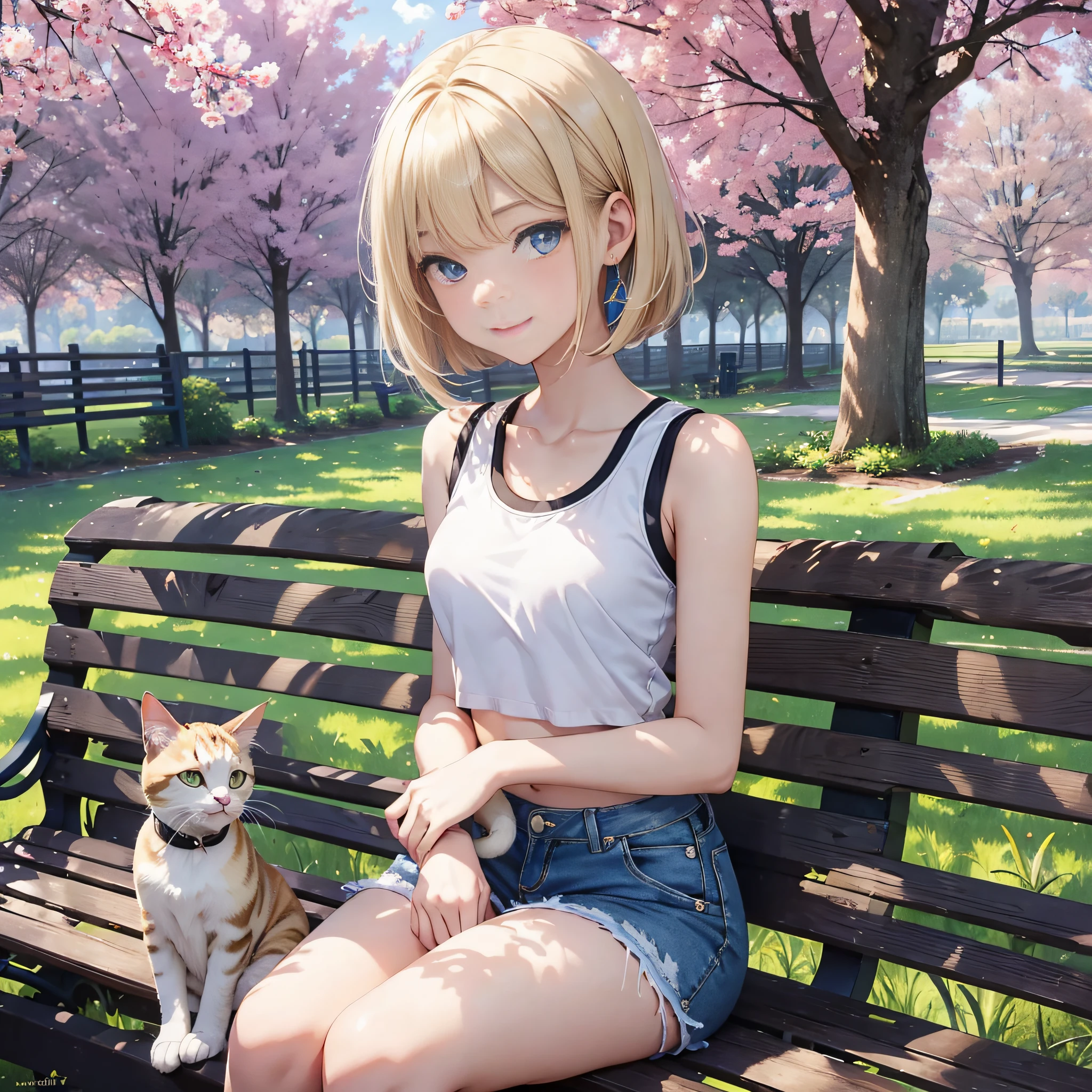 {masterpiece, best quality, extremely detailed CG, unity 8k wallpaper, cinematic lighting}}, Under a clear sky, in a park bench facing Yokohama Port, we find our protagonist, a beautiful and adorable girl. With a smiling face, she sits on the bench, cradling a kitten in her arms. She has a blonde short bob:1.5, and her eyes are a captivating shade of blue, with double eyelids and long lashes. She has long limbs, a slender waist, and is dressed in a white tank top that reveals her midriff:1.5, paired with distressed denim shorts:1.4. Completing her ensemble are white running shoes. The kitten is a black cat：1.2, with its golden eyes, her gazes back at the girl affectionately.