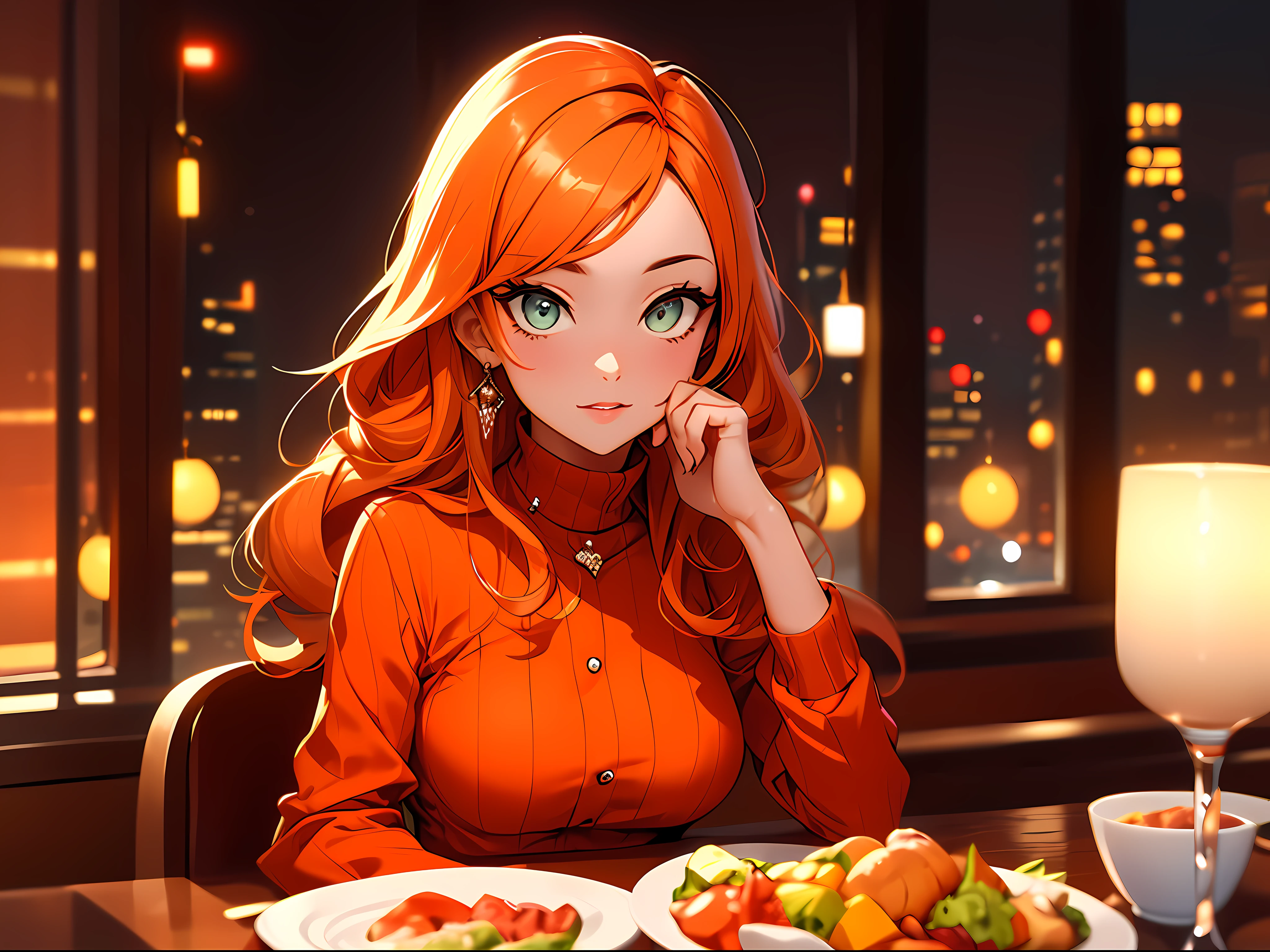 Best Category-Visual Arts: "A woman with flamboyant outfit and cute eyes, admiringly looks at you at a dinner table set against the backdrop of New York City. The scene is in a red and orange color scheme, giving it a warm and vibrant ambiance."