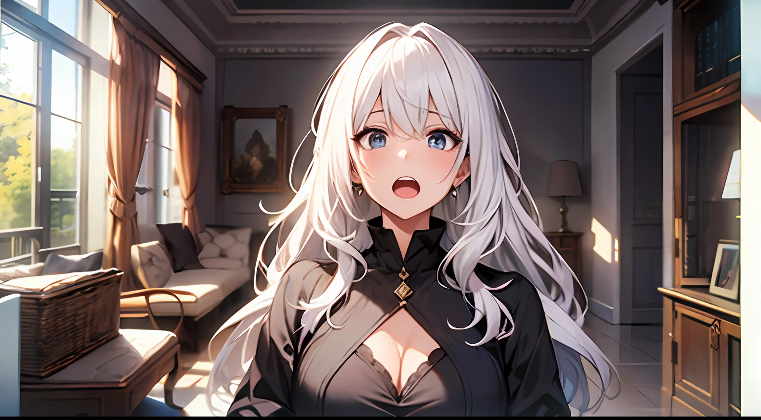 Masterpiece, of the best quality, a woman with long white hair and a surprised expression, in the living room
