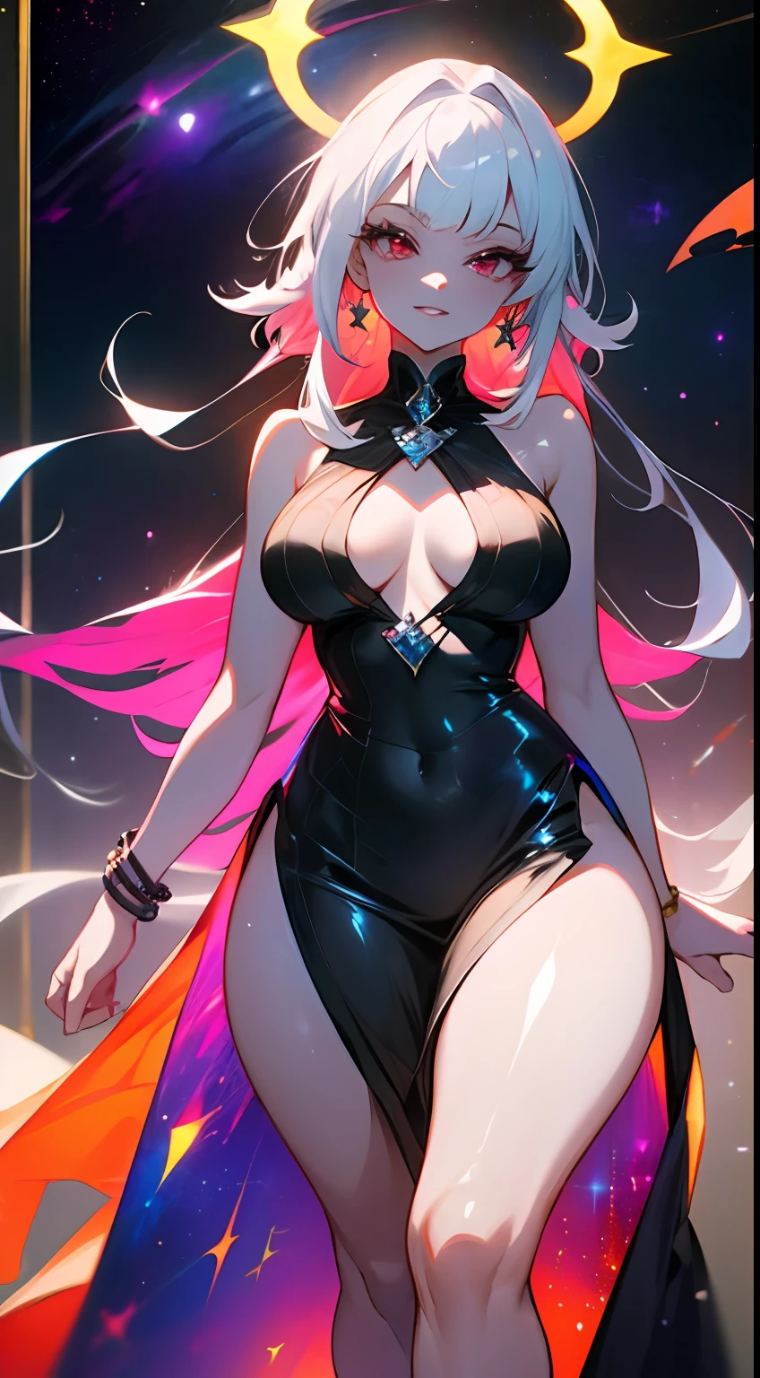 (simple hands:0.5)+(detailed hands:0.7), (masterwork), (best quality), white hair, red eyes,1girl, pale skin, white hair, red eyes, two tone hair, eyelashes, bracelet, jewelry, smile, gleaming skin, shiny hair, detailed and majestic stage, Fantasy, Long Hair, 1 girl, two-tone hair, night sky, Incredibly detailed CG illustration masterpiece, looking at you, anime, beautiful anime eyes, beautiful detailed eyes, eyes, glittering eyes, red eyes, galaxy, nebula, (full body), (curvy), POV, wet neckline, (thick thighs), 4k hd, ultra realistic, perfect body, perfect lips, perfect nose, perfect eyes, looking at the viewer, dress, elegant dress, Soft Dress, Long dress, Neon, Neon Lights, Bright Colors, Toga, Angelic, Halo, Punk Rock