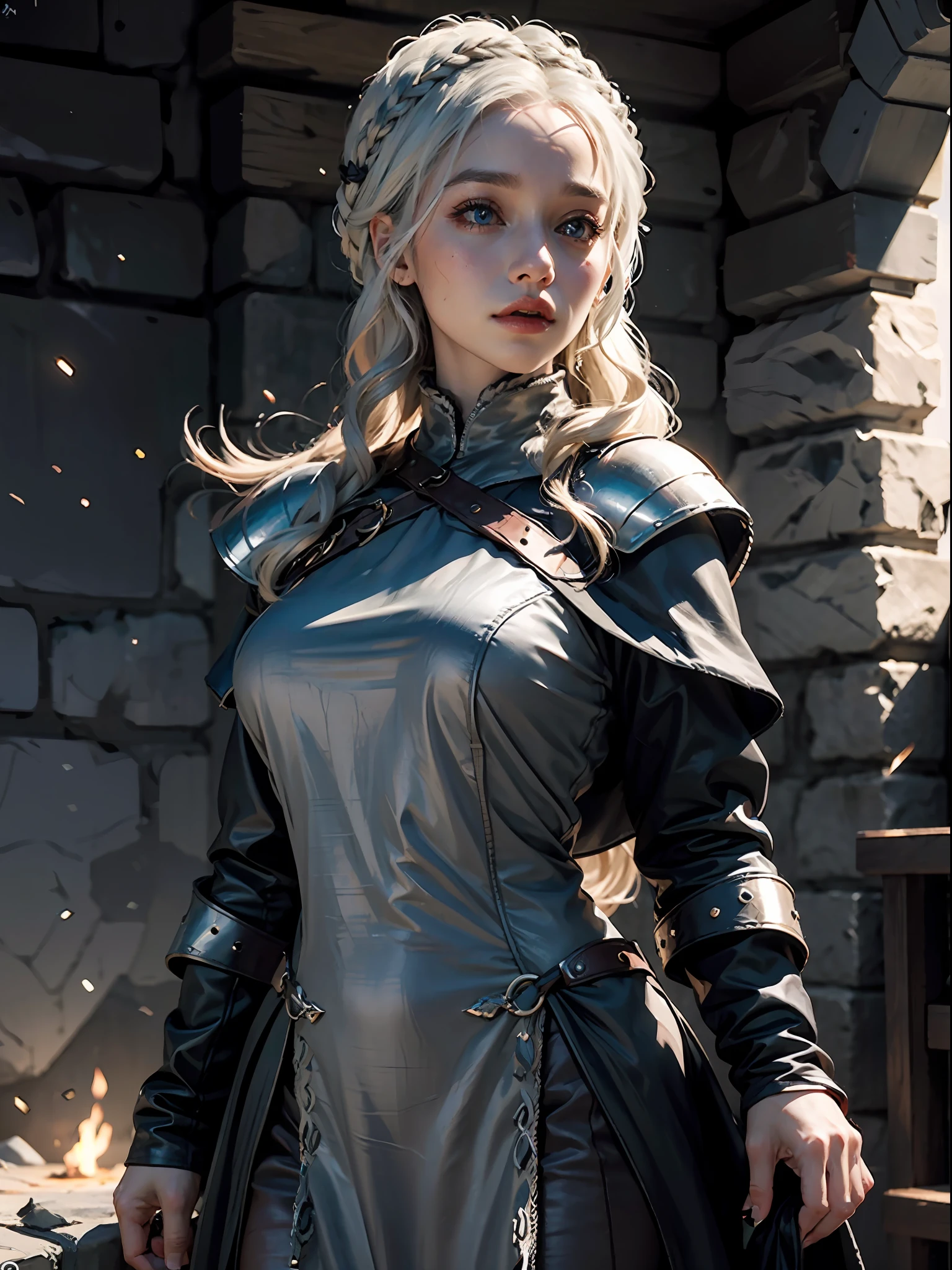 （master masterpiece：1.2）， （best best quality：1.2）， Perfect eye， perfect face， volume illumination， 1女孩，， armor， robe， Silver Hair， waistband， A stern expression， out door， Detailed dungeon background， wearing professional makeup， Lipstick， Eyeshadow， mascara， thick eyelashes，（（Game of Thrones，Daenerys Targaryen hairstyle））Dimly lit dungeons