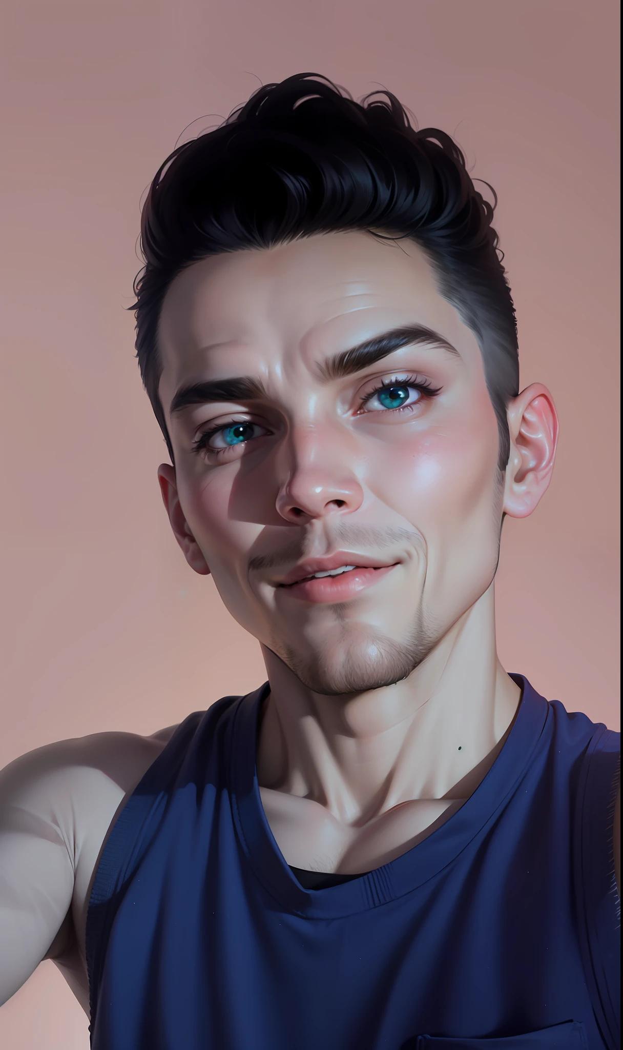 28 year old man, selfie, normal physique, cheerful character, well masculine, male, amazing, 8k highly detailed, cute young male, cheerful, no mustache, face without beard, face s mustache, black eyes, amazing quality,hdr style, happy, strong, cute, green t-shirt, beautiful physique, physique, well male, smooth face, digital art but photo, very cute, great boy, rendering man,  realistic cartoon, 4k, young, blue and green background, no mustache and no beard, smooth and clean face, 8k excellent quality, black eyes, amazing picture