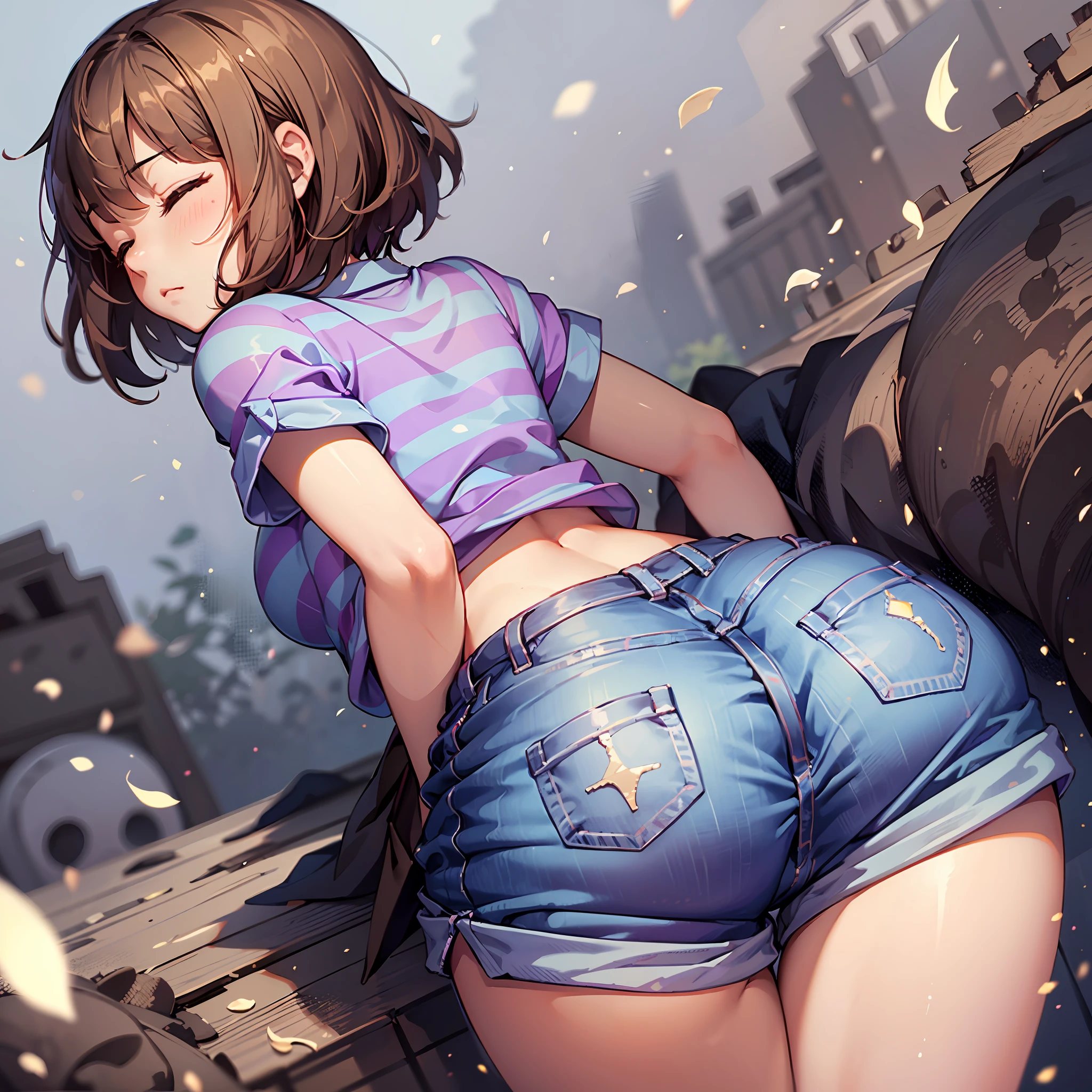 1girl, ((solo)), best quality, masterpiece, detailed, Undertale Frisk, brown hair, brown shorts, bob cut, short hair, striped shirt, closed eyes, blue shirt with purple stripes, striped shirt, from behind, tight shorts, wide hips, butt, large butt, large ass, suggestive