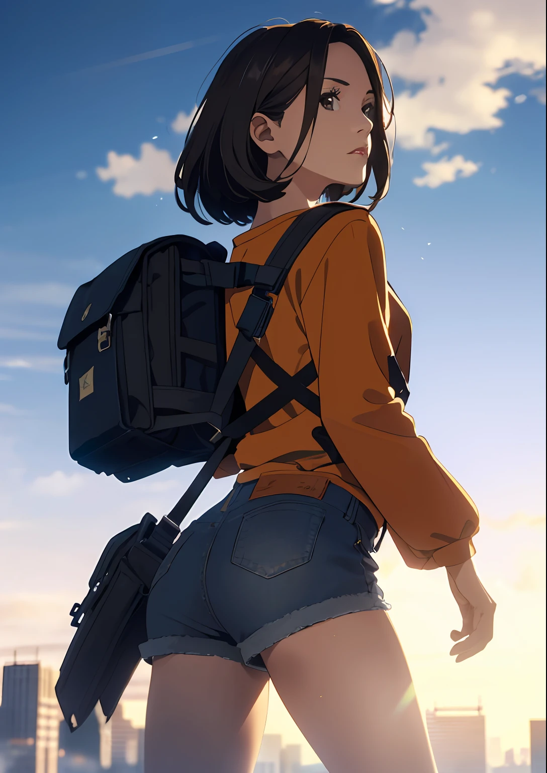 (beautiful and magnificent skyline, majestic sky), well-groomed facial features, (very tense dramatic pictures, moving visual effects), (Polaris hanging high, colorful natural light), (1 girl), (carrying a long-sleeved top, denim shorts, backpack), (dynamic pose: 1.3, black eyes, black princess-cut hair, shining girl) [:0.8], (wide prairie), ( Approaching Breeze), (Brown Hair and Background Adjustment Effects: 1.2), (Close Shot, Long Shot Mix and Match) [::0.9]