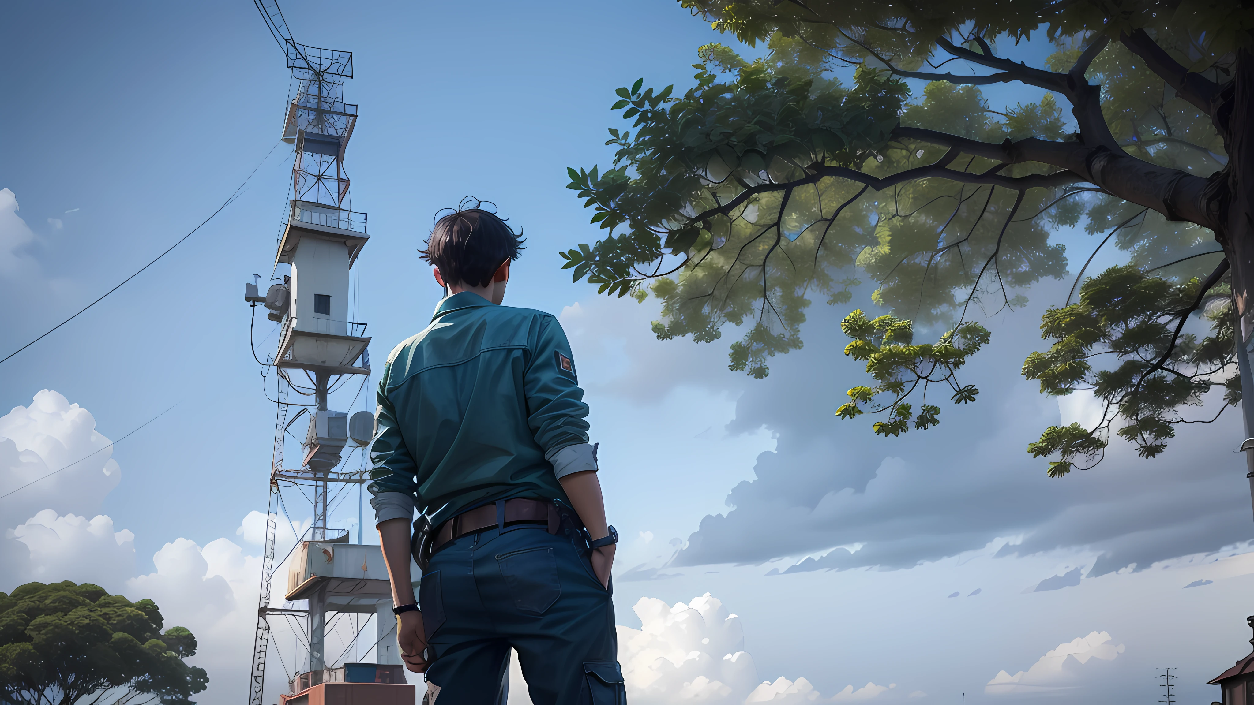Boy looking at the horizon a tree and a signal tower