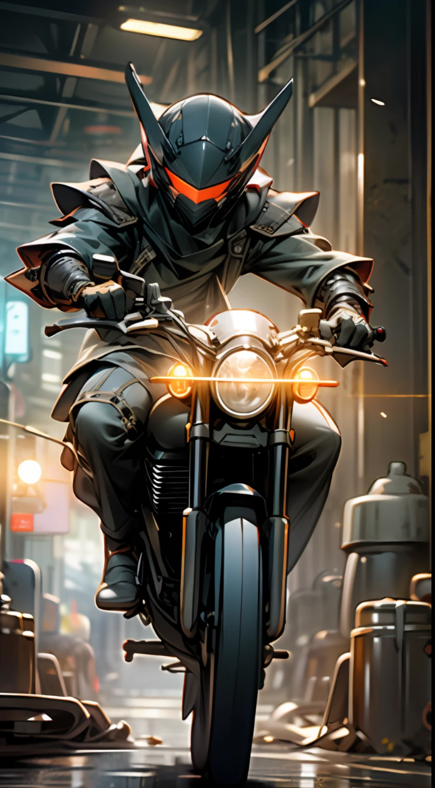 ((Best Quality)), ((Masterpiece)), (Very detailed: 1.3), 3D, Male fighter on a motorcycle, Steampunk assassin wearing veil, Dark style armor, Sci-fi technology, High density display (HDR), Ray tracing, NVIDIA RTX, Super Resolution, Unreal 5, Underground scattering, PBR texture, Post processing, Anisotropic filtering, Depth of field, Maximum acutance and acutance, Multi-layer texture, Specular and albedo mapping, Surface shading, Accurate simulation of light-material interactions, perfect ratio, octane rendering, duotone lighting, low light, white balance, rule of thirds, large aperture, 8K raw data, efficient subpixels, subpixel convolution, light particles, light scattering, tyndall effect, perfect body proportions, tall male, cycling position, short-haired assassin, (on city streets: 1.2), ray tracing, light particles