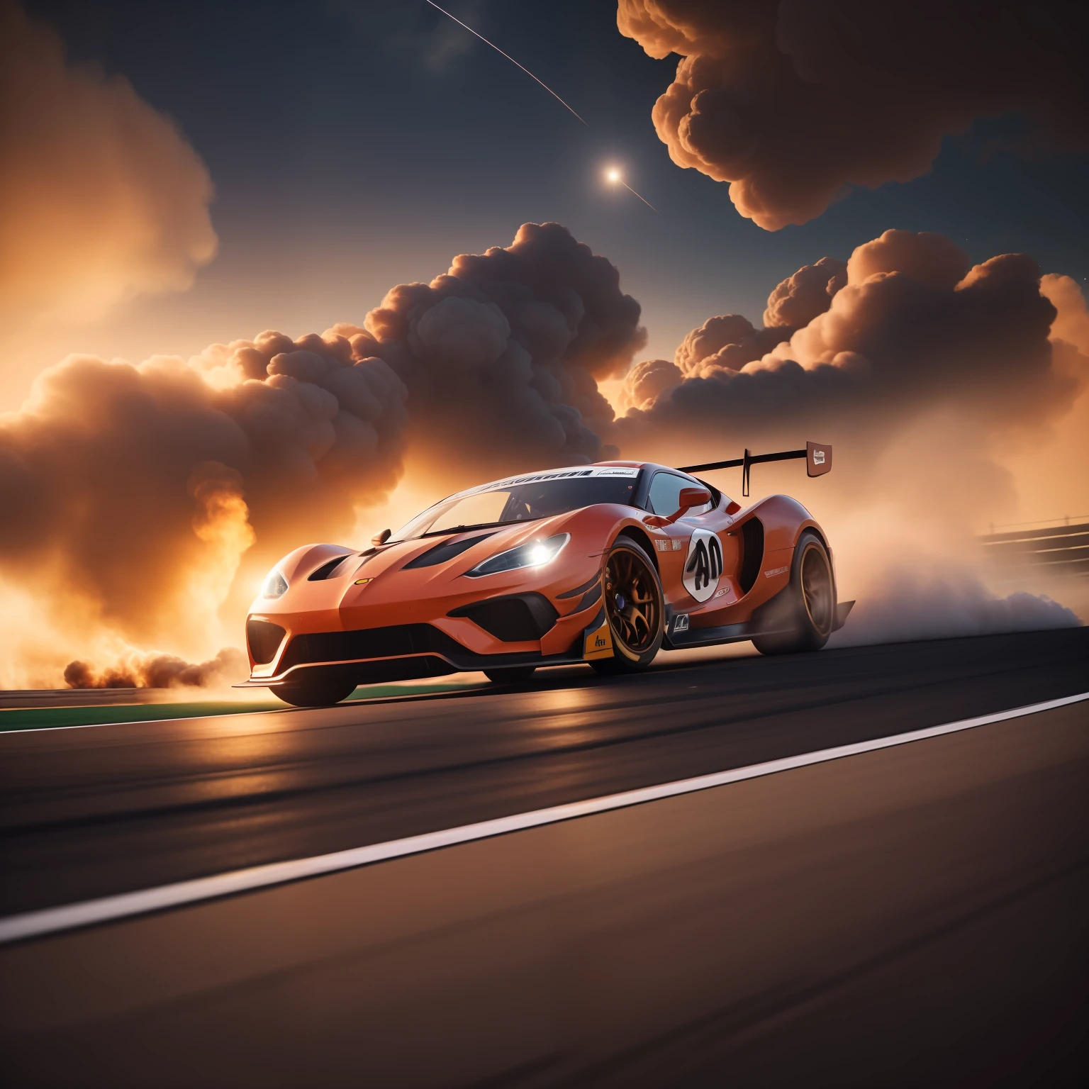 Professional wide angle action shot photo of a sports car on the racing track. Huge smoke clouds, Milky Way, highly detailed, complex background, perfect lighting, lens flares, shadows, golden hour, sunset, film grains, masterpiece, highest quality