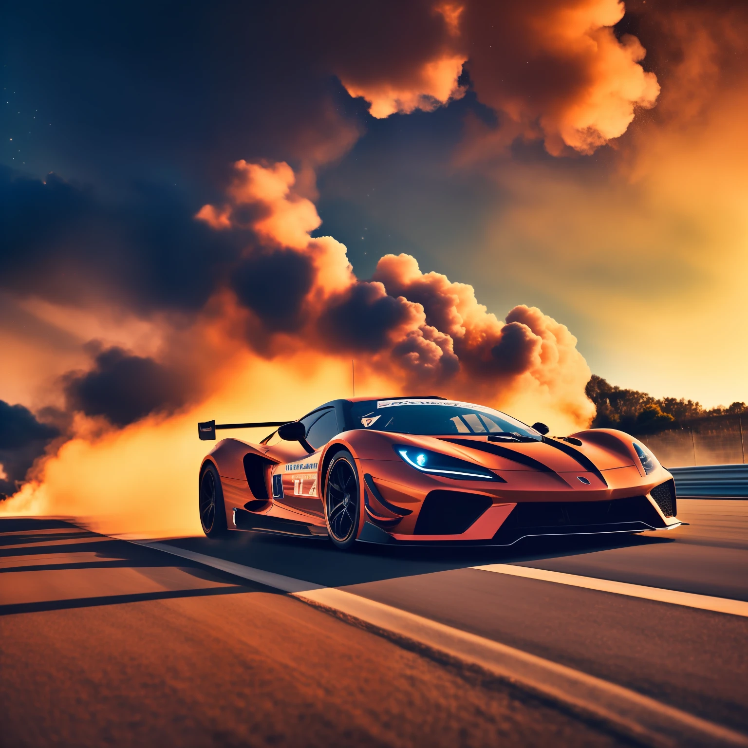 Professional wide angle action shot photo of a sports car on the racing track. Huge smoke clouds, Milky Way, highly detailed, complex background, perfect lighting, lens flares, shadows, golden hour, sunset, film grains, masterpiece, highest quality