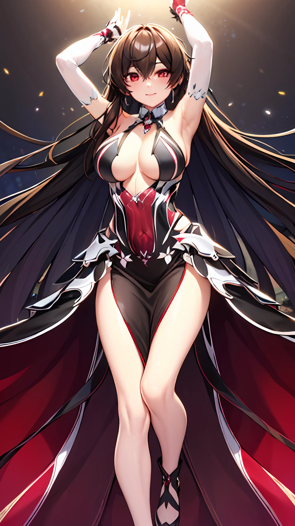 masterpiece, best quality, ultra-detailed, illustration, warm lighting, bright colors, 1girl, solo, long_hair, bangs, swept_bangs, red_eyes, red_hair, red_dress, arms up, arm pits, shaded face,red outfit, a woman in a red and black dress with long hair, shin_jia a woman in a red dress with a long skirt,