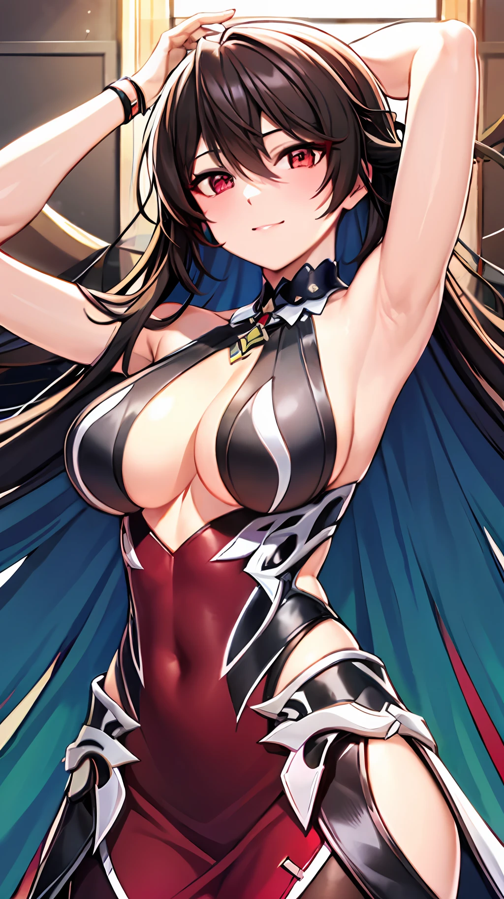 masterpiece, best quality, ultra-detailed, illustration, warm lighting, bright colors, 1girl, solo, long_hair, bangs, swept_bangs, red_eyes, red_hair, red_dress, arms up, arm pits, shaded face,red outfit, a woman in a red and black dress with long hair, shin_jia a woman in a red dress with a long skirt,