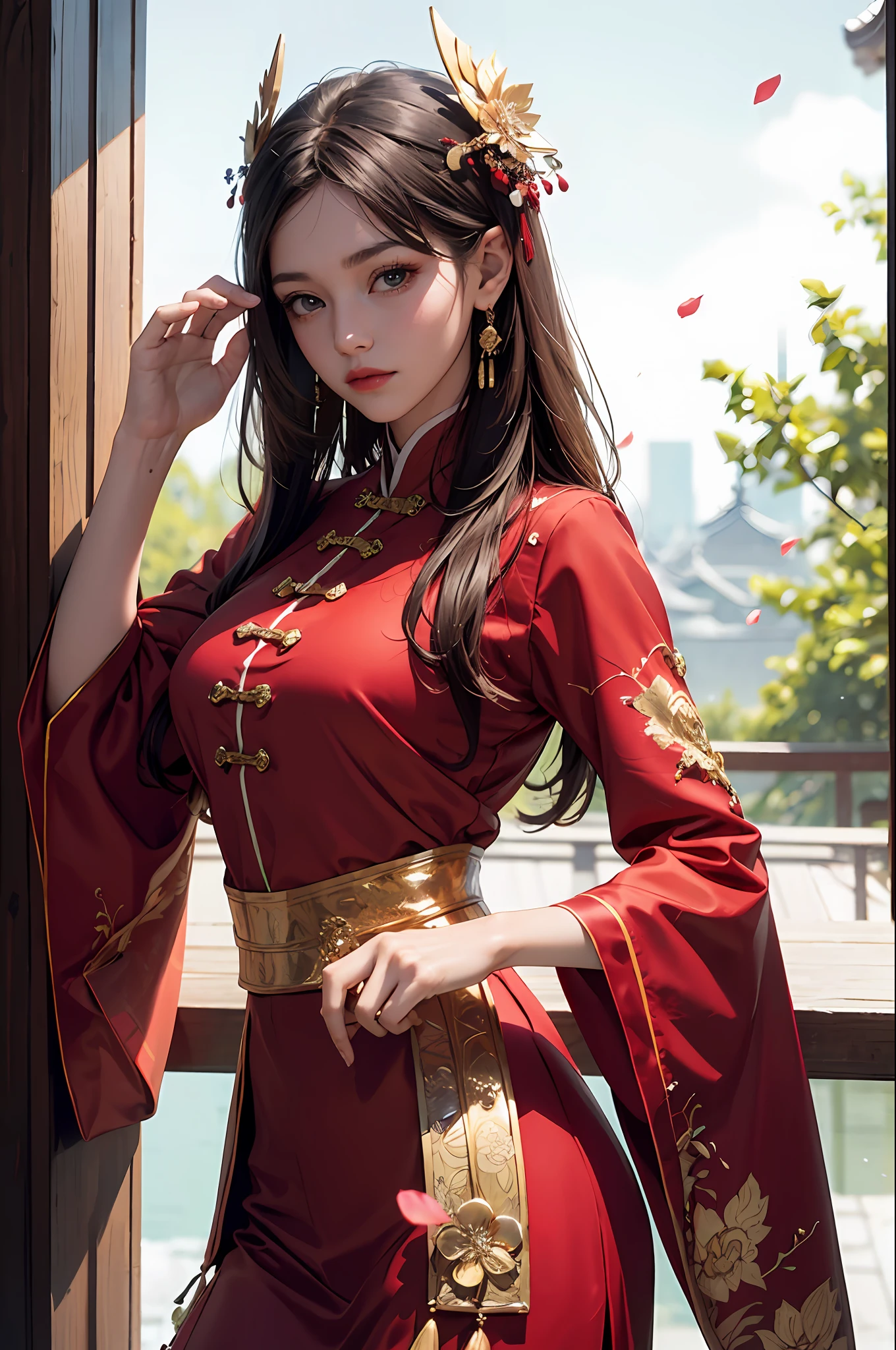best quality, masterpiece, highres, (exquisite body:1.5),gorgeous face,(milky skin:1.3),intricate details,high resolution,wallpaper,
1girl, solo, dress, hair ornament, (((gold and red dress))), flowers, long hair, brown hair, closed mouth, jewelry, long sleeves, hand up, wide sleeves, big eyes,floating hair, chinese clothes, hanfu, embroidery, long skirt, natural pose, falling petals, indoor,fanning, lantern,
16K,HDR,highres,depth field,(film grain:1.1),boken,golden hour,(lens flare),vignette,rainbowing,(color grading:1.5)