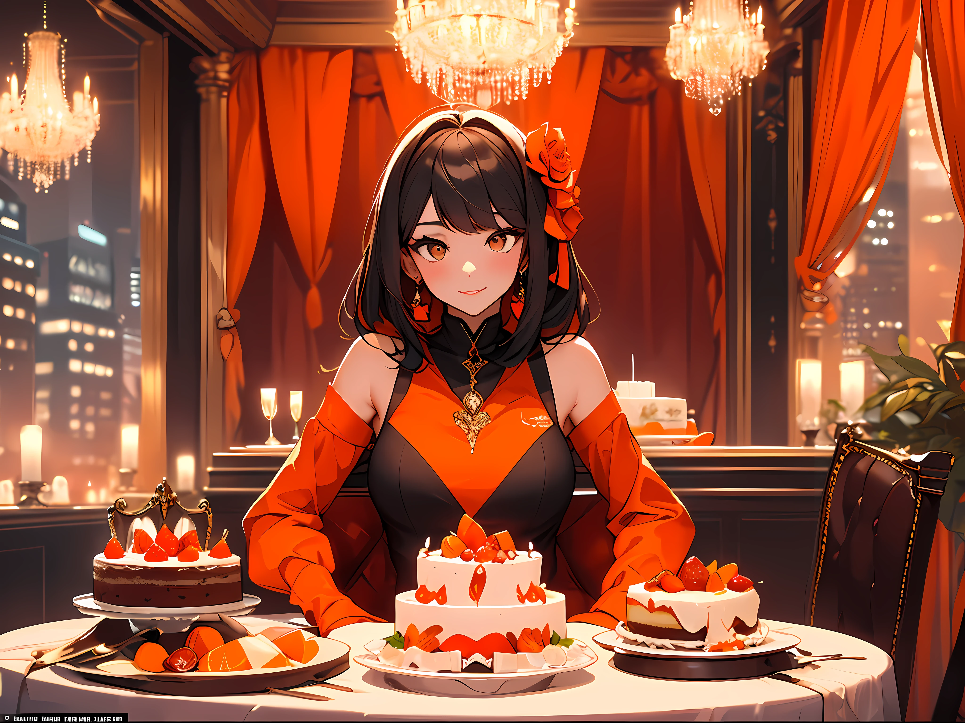 Best Category-Visual Arts: "A woman with flamboyant outfit and cute eyes, ready to eating ((cake red and orange))dinner table set against the backdrop of New York City. The scene is in a red and orange color scheme, giving it a warm and vibrant ambiance."