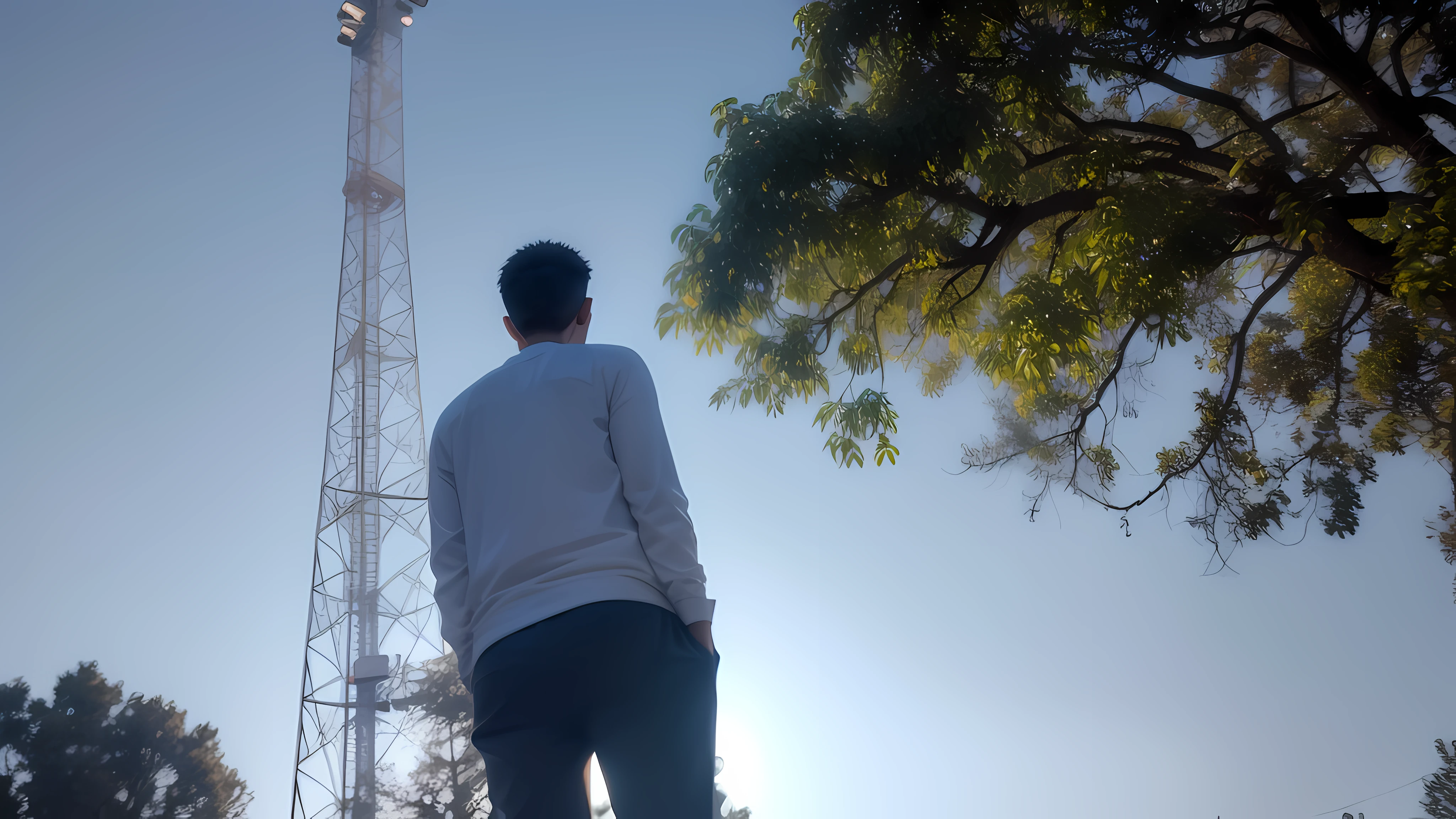 Boy looking at the horizon a tree and a signal tower