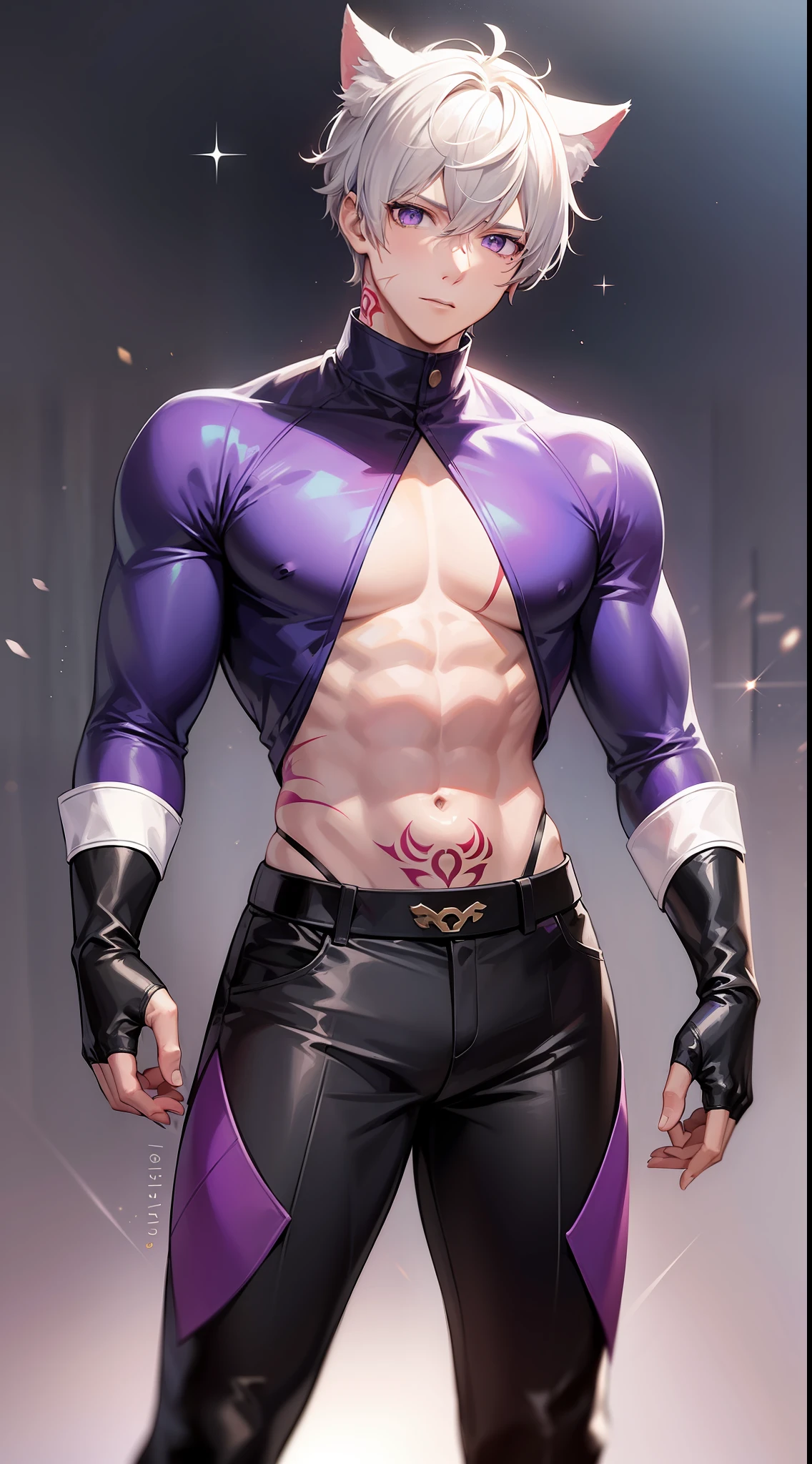 Young guy, short white hair, purple eyes, cat ears, superhero uniform, open torso, pants, scars, tattoos, masterpiece, high quality