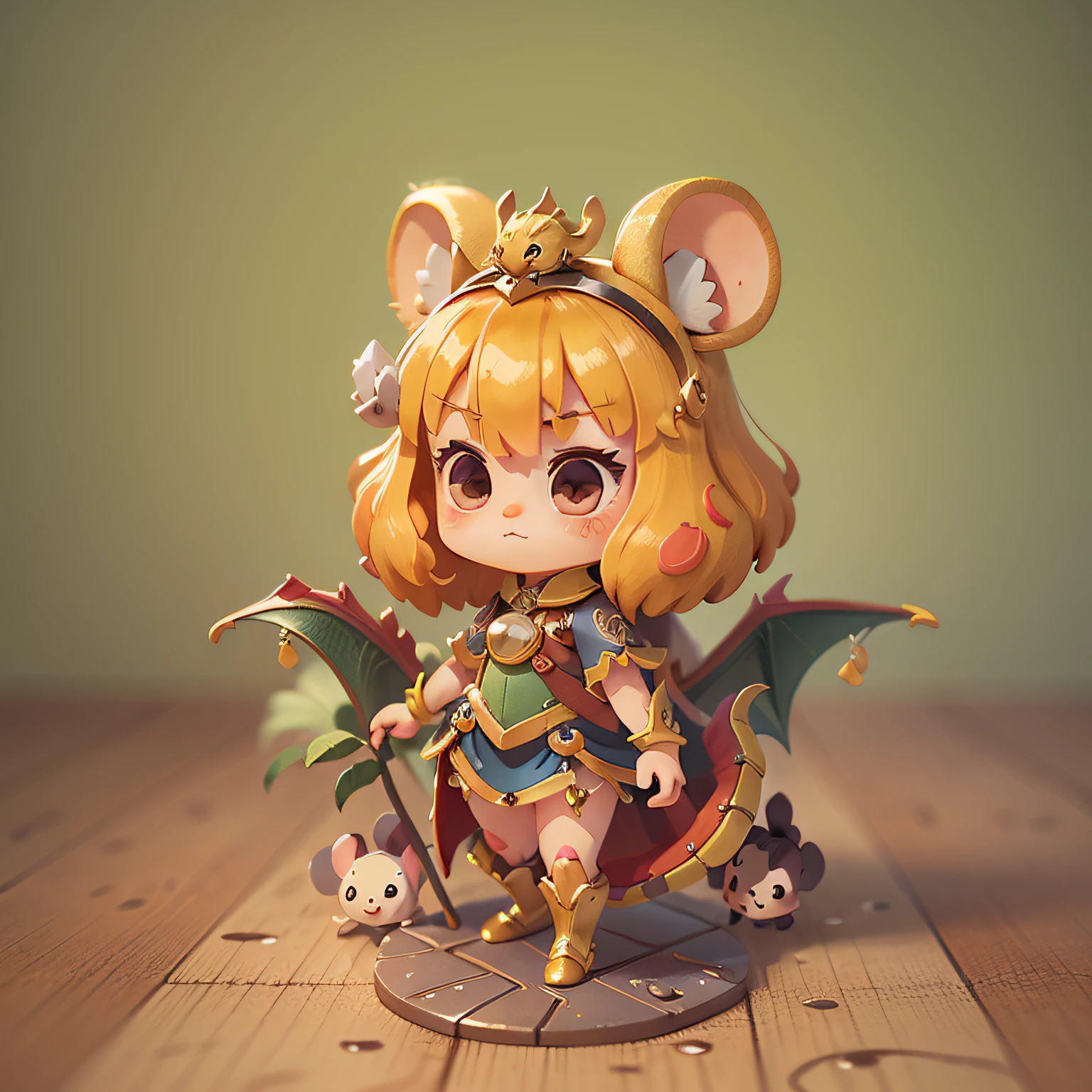 chibi, mouse, cute, golden dragon princess, bigbadejo, full body, masterpiece, 3D Rendering, Best Quality, Lots of Detail, (plain background), vinyl toy figurine