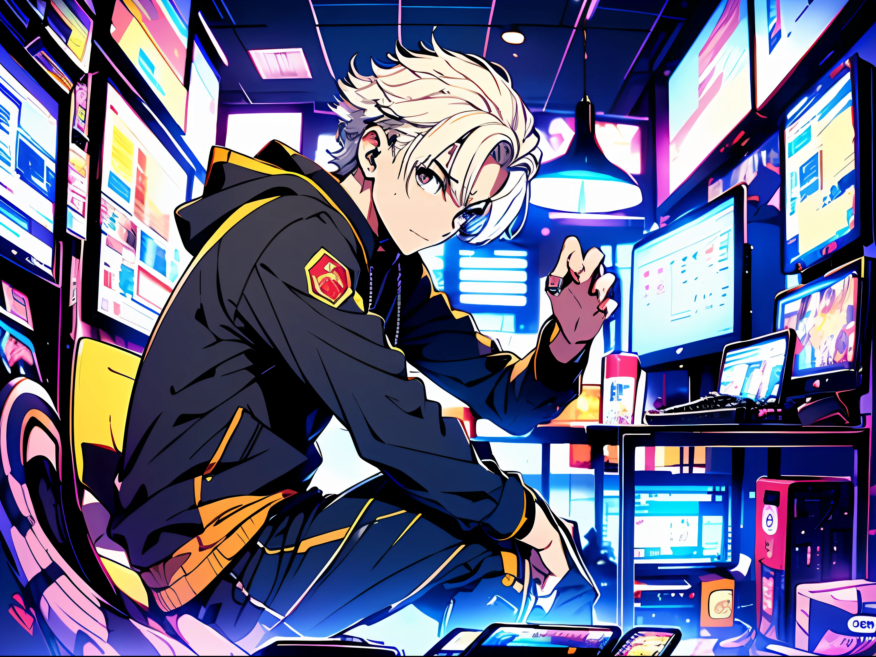 (A white-haired boy sits in front of a sandbox, with multiple computers behind him, in a bedroom: 1.8) (Sitting posture: 1.9) (High-tech atmosphere: 1.7) (Close-up shot: 1.9)