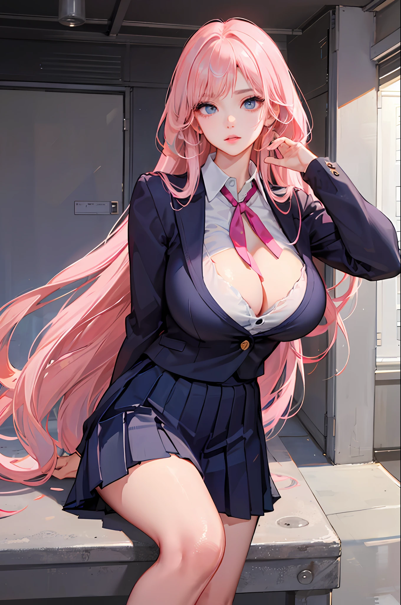 1girl, nsfw, masterpiece, best quality, slender girl with hourglass body and massive breasts, solo, pretty, cute, shy girl, ((girl wears school uniform, short pleated skirt, white blouse, Korean school uniform )), cleavage, sexy, girl shows enticing breasts, chest, pink areolas, pink buds, ((blond hair, long hair, pink hair)), indigo blue eyes, detailed eyes, beautiful eyes, delicate eyes, ((hourglass body, sexy body)), correct anatomy, correct limbs, ((massive breasts, large breasts)), juicy lips, pouty lips, [detailed background (korean school, korean high school, Seoul, south korea)]