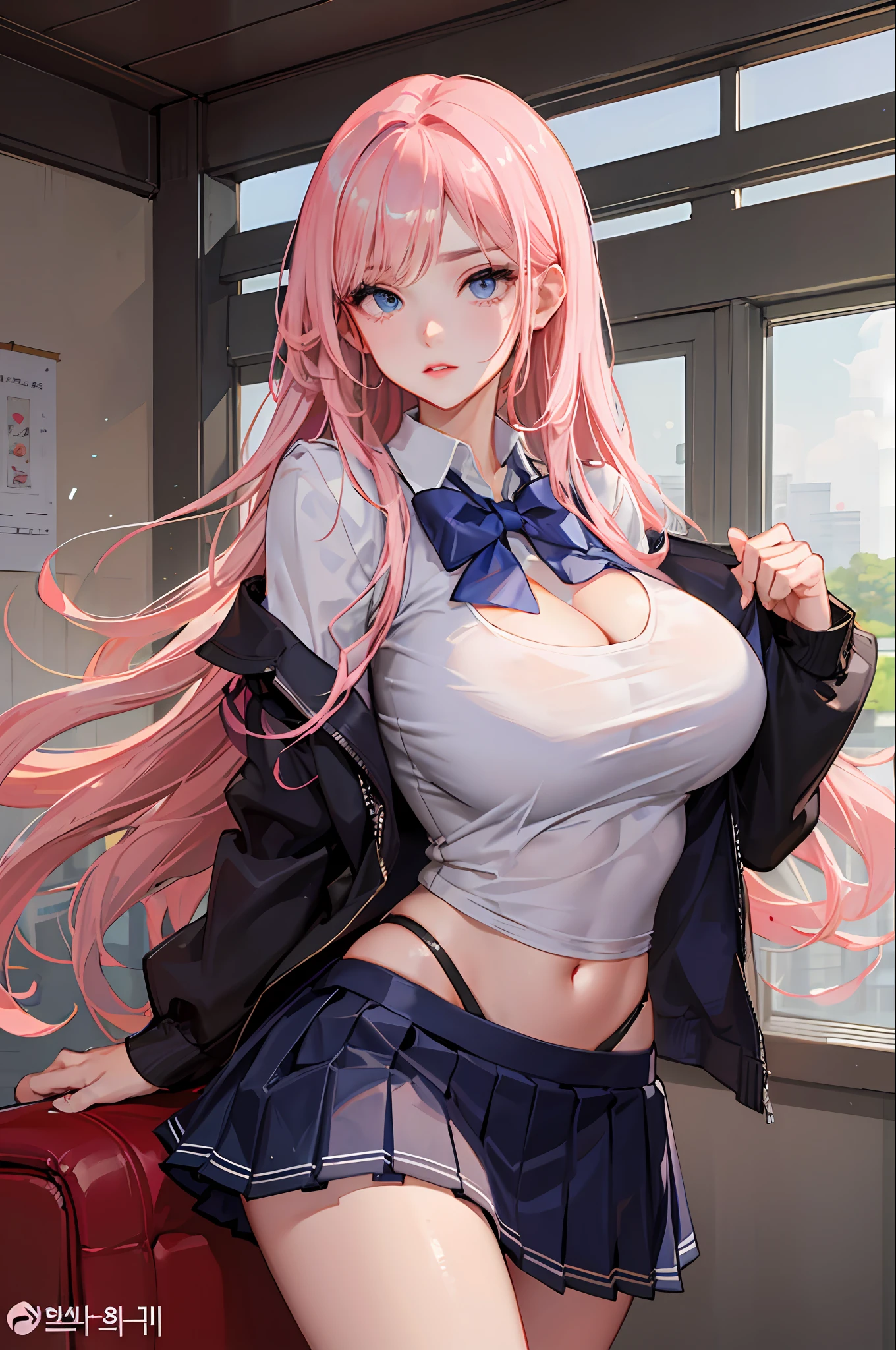 1girl, nsfw, masterpiece, best quality, slender girl with hourglass body and massive breasts, solo, pretty, cute, shy girl, ((girl wears school uniform, short pleated skirt, white blouse, Korean school uniform )), cleavage, sexy, girl shows enticing breasts, chest, pink areolas, pink buds, ((blond hair, long hair, pink hair)), indigo blue eyes, detailed eyes, beautiful eyes, delicate eyes, ((hourglass body, sexy body)), correct anatomy, correct limbs, ((massive breasts, large breasts)), juicy lips, pouty lips, [detailed background (korean school, korean high school, Seoul, south korea)]