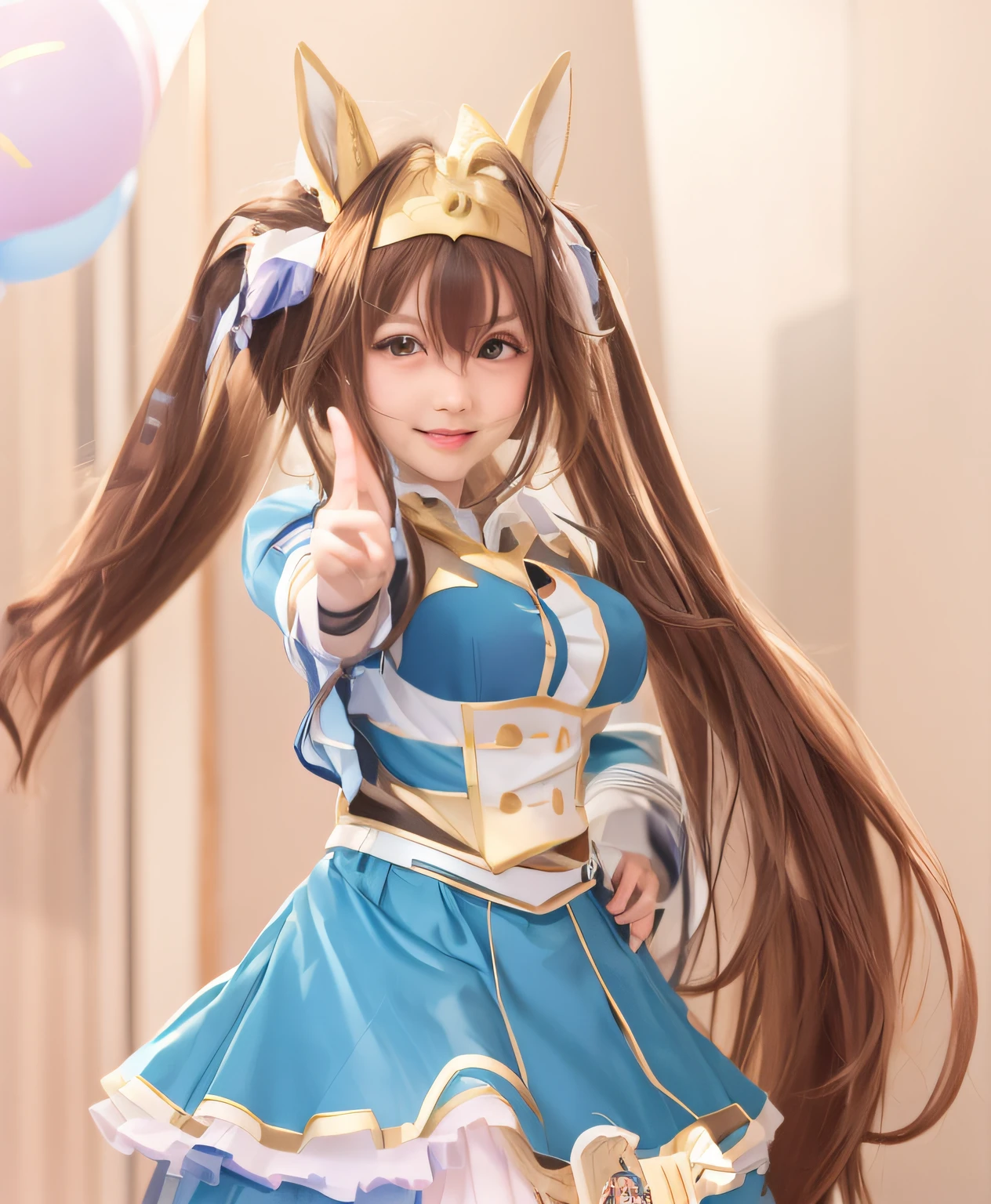 style girl with brown long hair, twin tails, horse ears, blue and white dress, anime girl cosplay, anime cosplay, anime pose, cosplay photo, index finger, anime waifu, young anime girl, cute anime wife in nice dress,