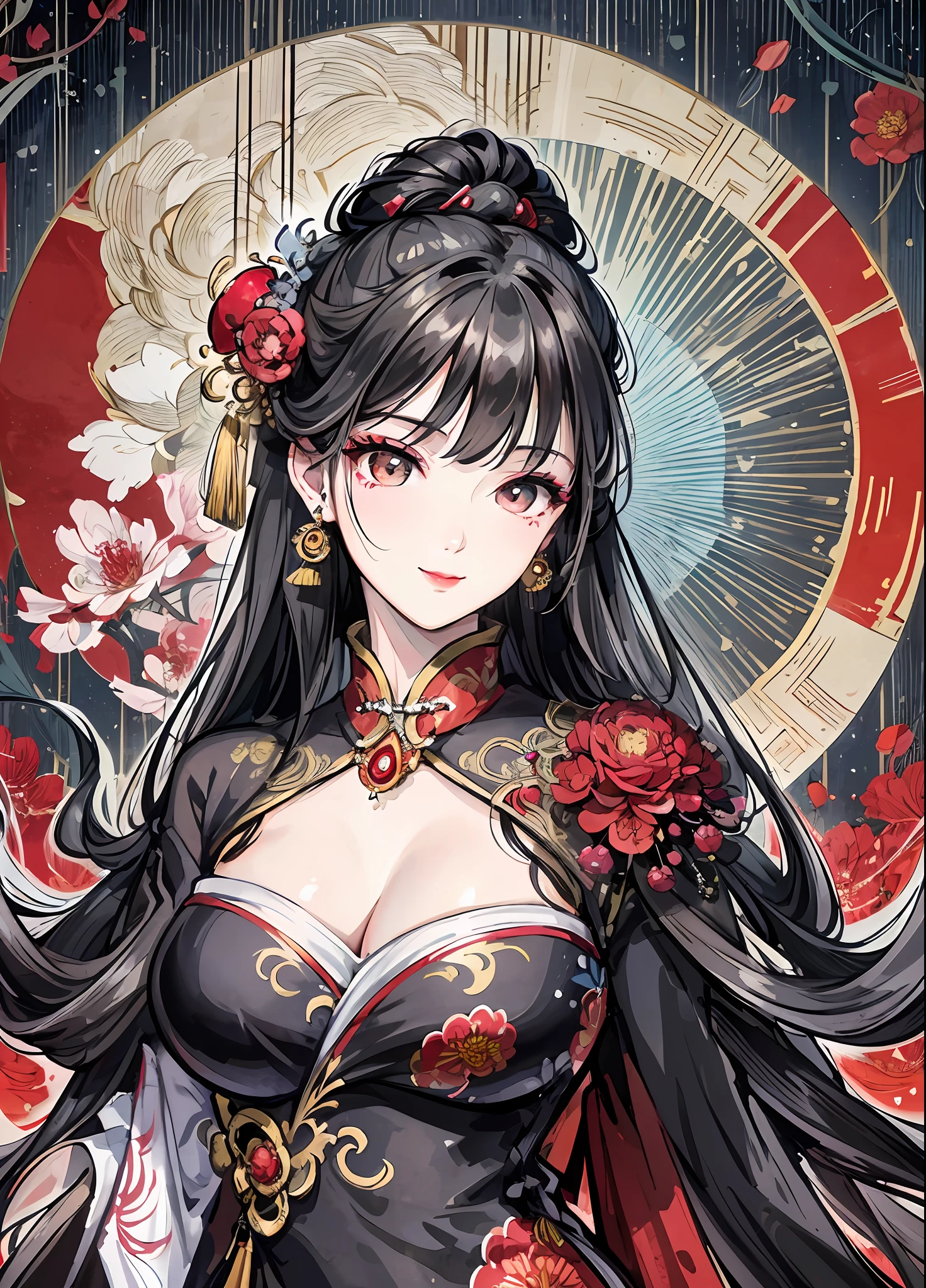 Masterpiece, Superb Style, Night, Full Moon, 1 Female, Mature Woman, Chinese Style, Antique Chinese, Sister, Royal Sister, Smile, Black Hair, Updo, Red Lips, Calm, Intellectual, Hairpin, Hair Flower, Detailed Facial Details, Detailed Eyes, Full Body, Gray Eyes, Conservative Dress, Long Hair, Hydrangeas