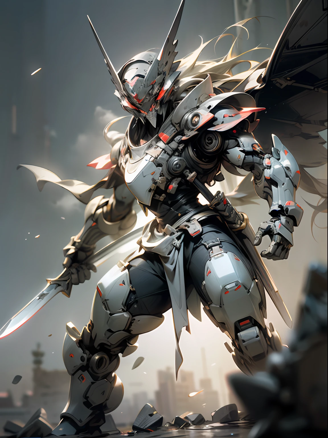((fbest quality)), ((Masterpiece)), (Very Detail: 1.3), 3D, Male Valkyrie mecha, Cool cyberpunk warrior with long knife, Has red samurai-style armor, With a samurai mask,Wearing a samurai cape,Rainy weather, sci-fi technology, HDR (high dynamic range), raytraced, Light particles, nvidia RTX, The ultra-Resolution, unreal 5, subsurface scatter, pbr texturing, postprocessing, anisotropic filtering, depth offield、, Maximum sharpness and sharpness, Multi-layer texture, specular and albedo mapping, Surface coloring, Accurate Simulation of Light-Material Interactions, perfect proportions, octanerendering, Two-tone illumination, low ISO, white balance, Rule of Thirds, large aperture, 8K RAW, high efficiency subpixels, Subpixel Convolution, Light particles, light scattering, Tyndall effect, Very cold, Battle posture,(Ruined battlefield after the rain:1.2),