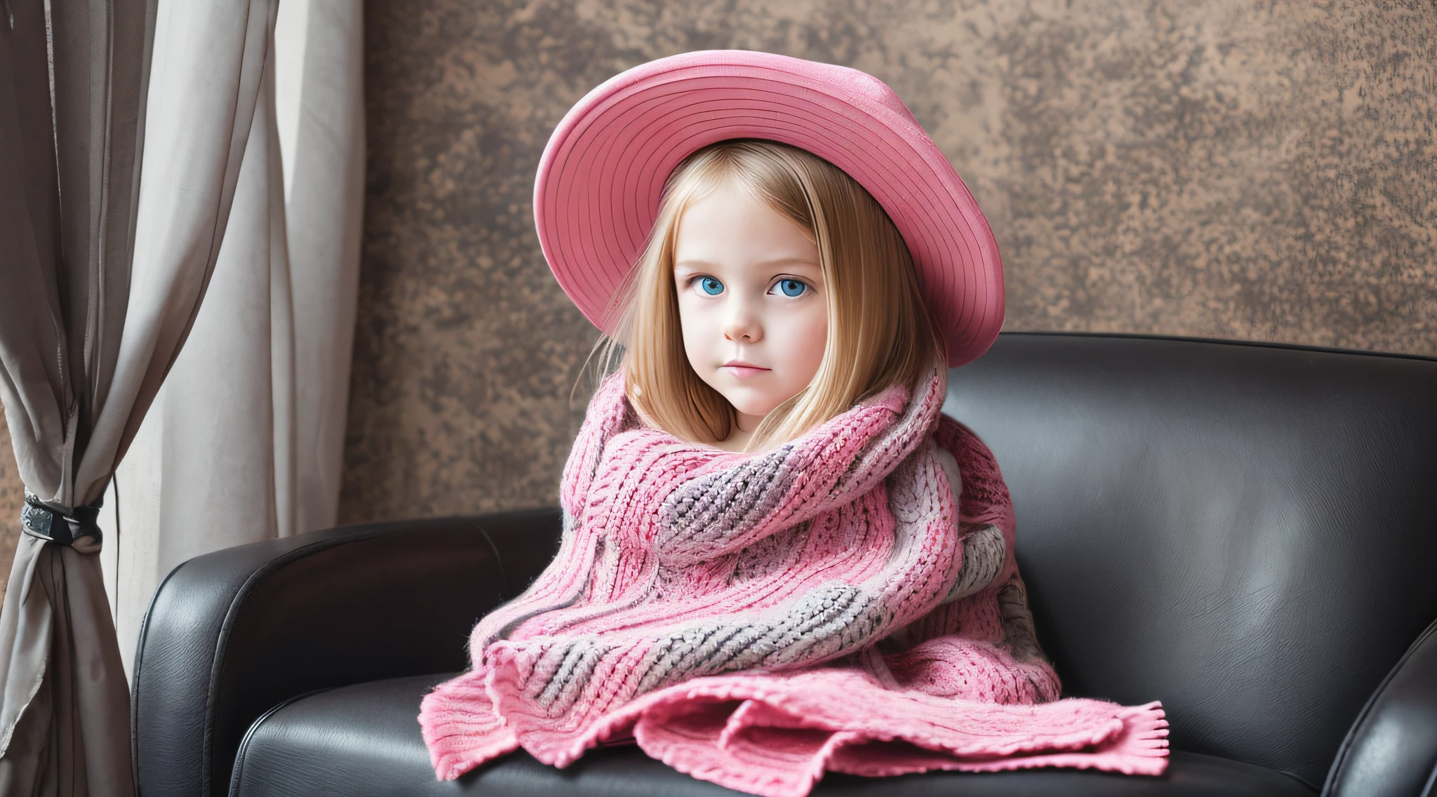 BLONDE CHILD girl,wearing a pink hat and scarf sitting on a black leather chair, photo from a promotional session, promotional photoshoot, young girl, beautiful young model, pink cowboy hat, young ager, photo shoot, photoshoot, inspired by Toros Roslin, red dress and hat, modeling essay, young and beautiful girl, studio portrait photography, photoshoot solo