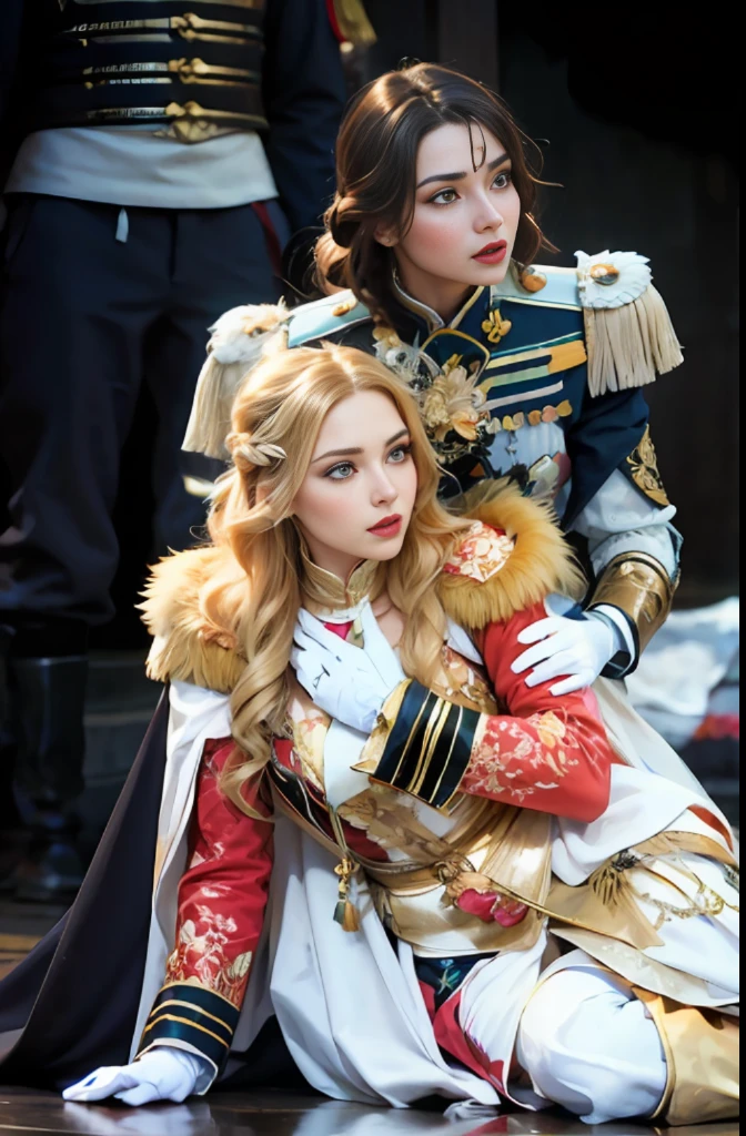 Alafed image of two women in military uniform, Anna Nikonova, young woman as Genghis Khan, Kazakh Empress Maria Panfilova, Simona Subafy as captain, Julia Gorokhova, award-winning costume design, Anastasia Ovchinnikova, Rose of Versailles, Takarazuka,