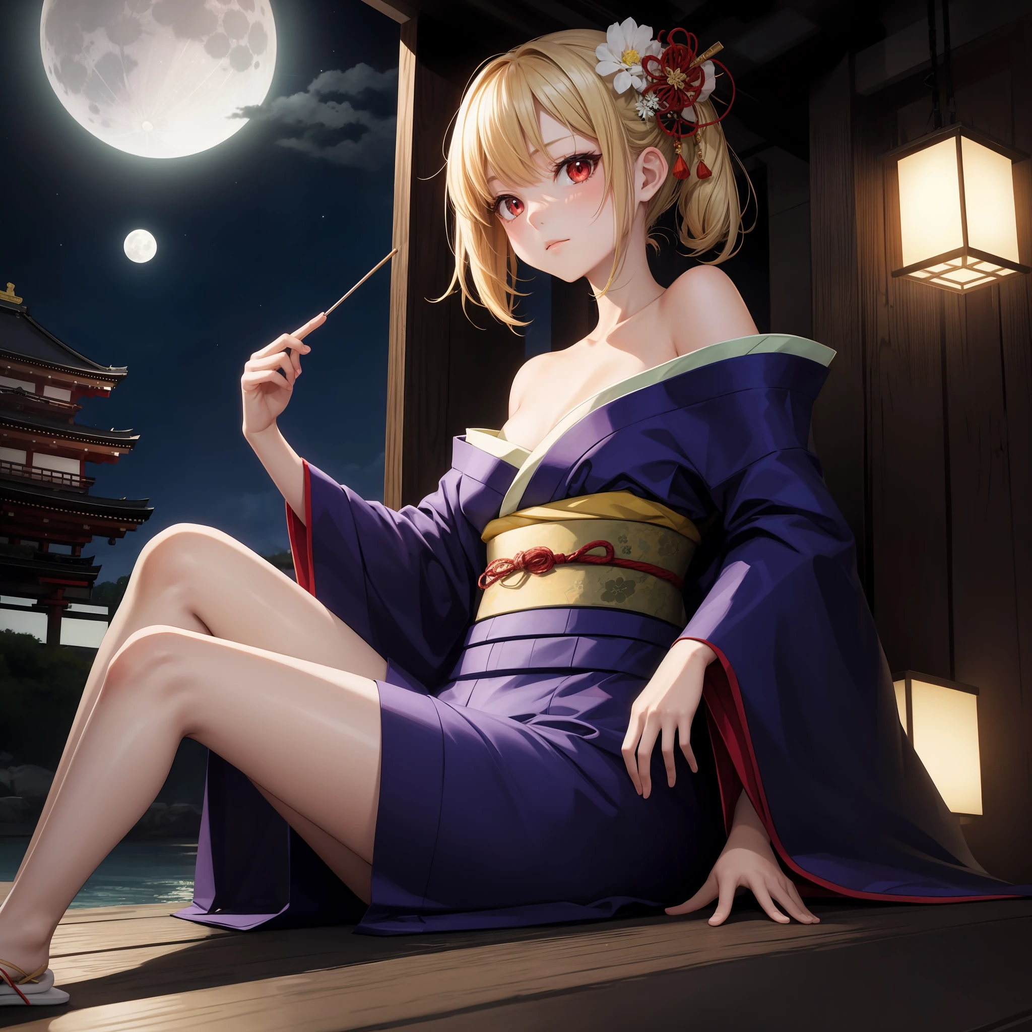 anime, one girl, blonde, hair is tying up, red eyes, kyoto, moon, kimono, off-shoulder, sitting, solo,