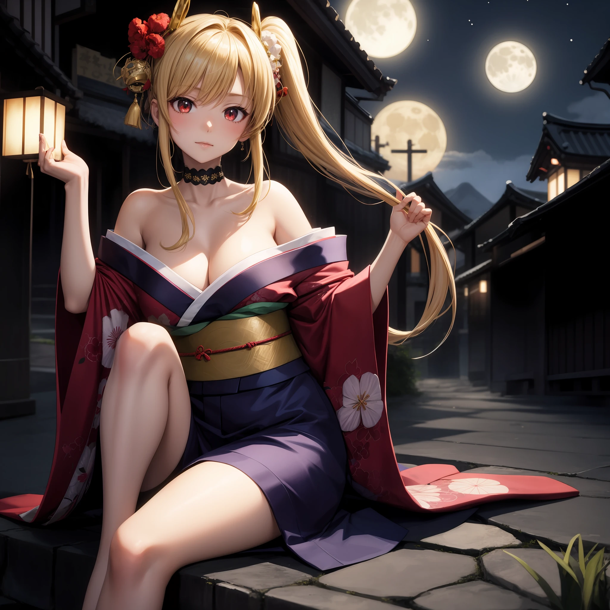 anime, one girl, blonde, hair is tying up, red eyes, kyoto, moon, kimono, off-shoulder, sitting, solo,