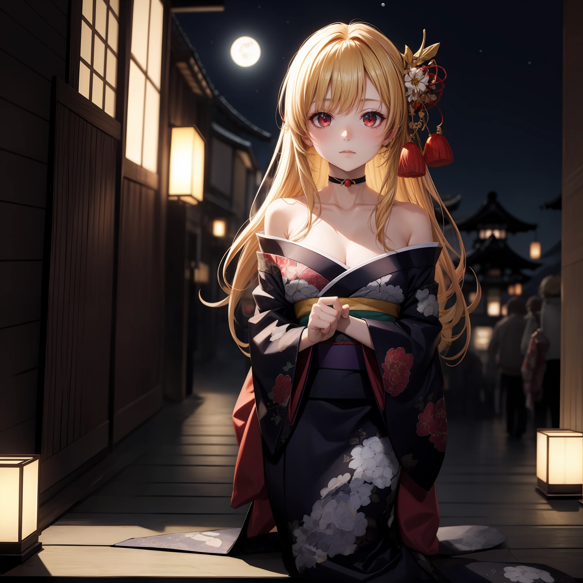 anime, one girl, blonde, hair is tying up, red eyes, kyoto, moon, kimono, off-shoulder, solo,