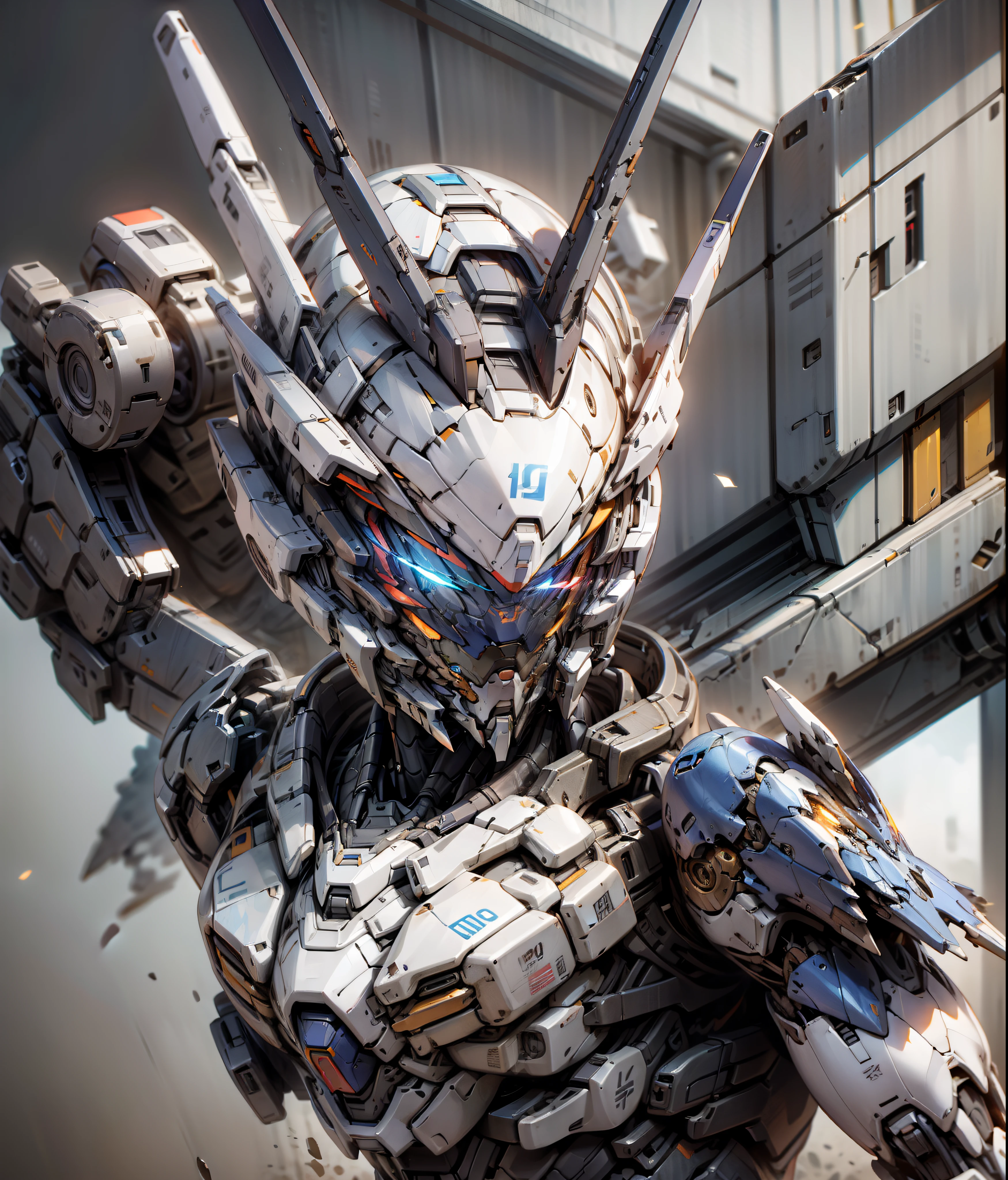 Damaged Gundam, blue glowing eyes, tilted position, chest shot, white, blue, red, complex mech
Armor, volumetric lighting, rendered in Octane, high detail 5--s 750--niji 5