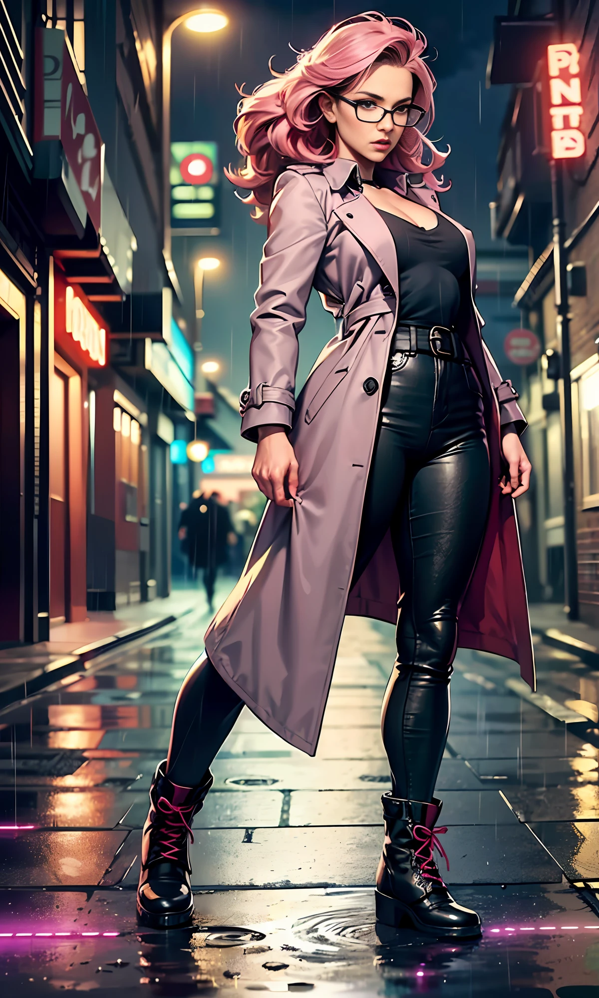 (
(Character: one detective woman,russian, slim body, slim waist, pink messy hair, athletic build)
(Clothing: black trench coat, boots, glasses, (holding a flashlight))
(Pose: full body shot:1.7, investigative)
(Background:dark alley, intense urban lights in background, rain, pink color scheme)
(Style: ((Best quality)), ((masterpiece)), (face detailed), photo-realistic:1.3, hyperrealistic)
)