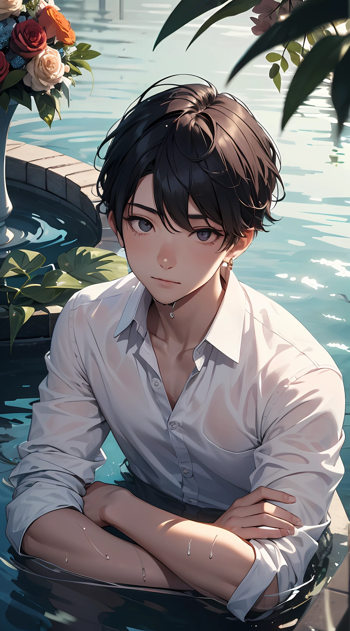 1boy, male, man, boy, teenager, young man, physically based rendering, professional lighting, extreme detail, white shirt, bouquet, cross earrings, lying on water, high brightness, refreshing, soft light, ((single))), (solo), lying down, wet, transparent shirt