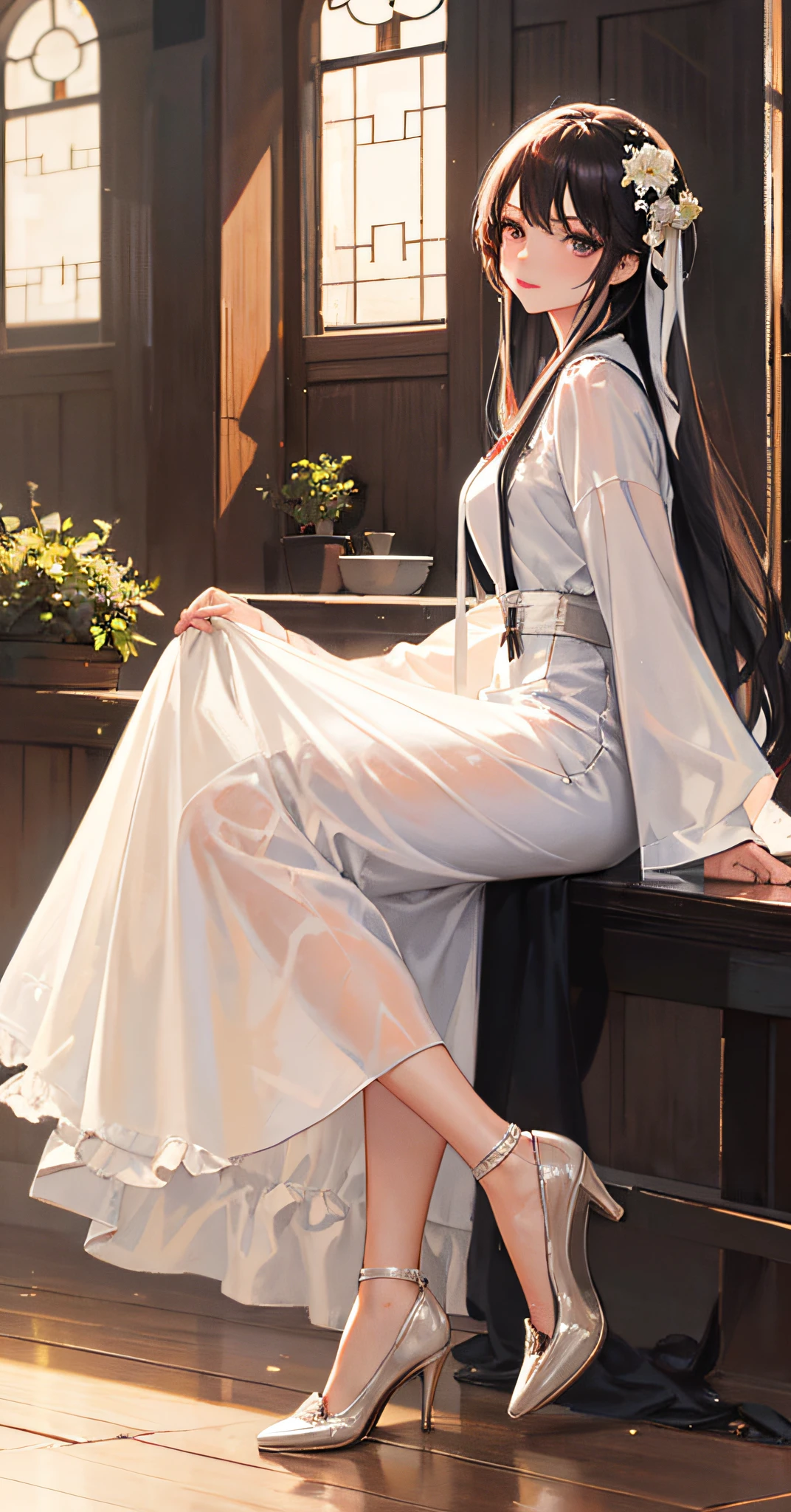 1 girl, single person, high level, looking at the audience, masterpiece, best quality, very detailed, perfect lighting, Lolita, high heels, sunny, light tracking, long hair, detailed and beautiful face, looking at the viewer, Hanfu, wet, white dress, suspender skirt, things,