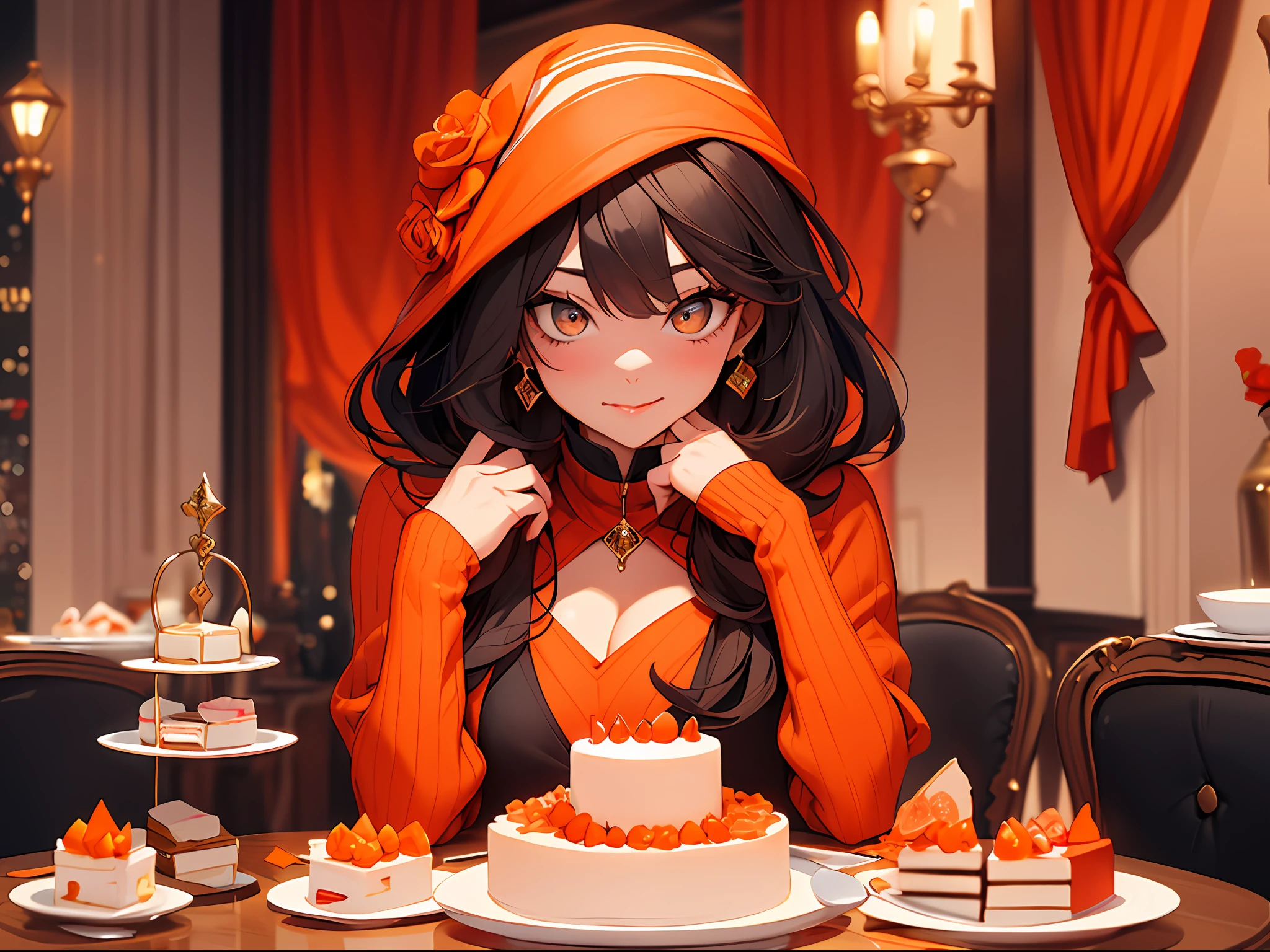 Best Category-Visual Arts: "A woman with flamboyant outfit and cute eyes, ready to eating ((cake red and orange))dinner table set against the backdrop of New York City. The scene is in a red and orange color scheme, giving it a warm and vibrant ambiance."