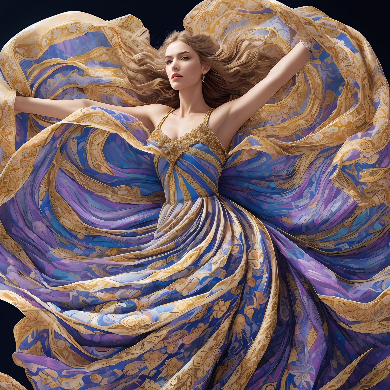 Masterpiece, dress, high quality, art muse, surrounded by swirling fabric, (fabric detail:1.2), (intricate fabric folds:1.2), photographed by peter lindbergh and dave lachapelle, closeup, Sony A9 II, f2.0, iso 100, dynamic composition, serene expression, primal energy, elemental beauty, high resolution, uhd, hdr, vogue photoshoot, Laocoön, iris flare