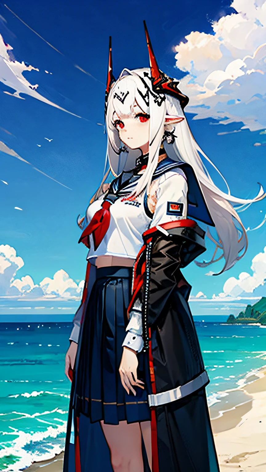1girl, woman, mudrock (arknights), red eyes, solo, long hair, horns, (sailor uniform, serafuku), school uniform, hair ornament, pointy ears, breasts, white hair, oripathy lesion (arknights), infection monitor (arknights), bangs, breast, full body, standing, mudrockdefclass, black horns, horns, beach background, blue sky, clouds,