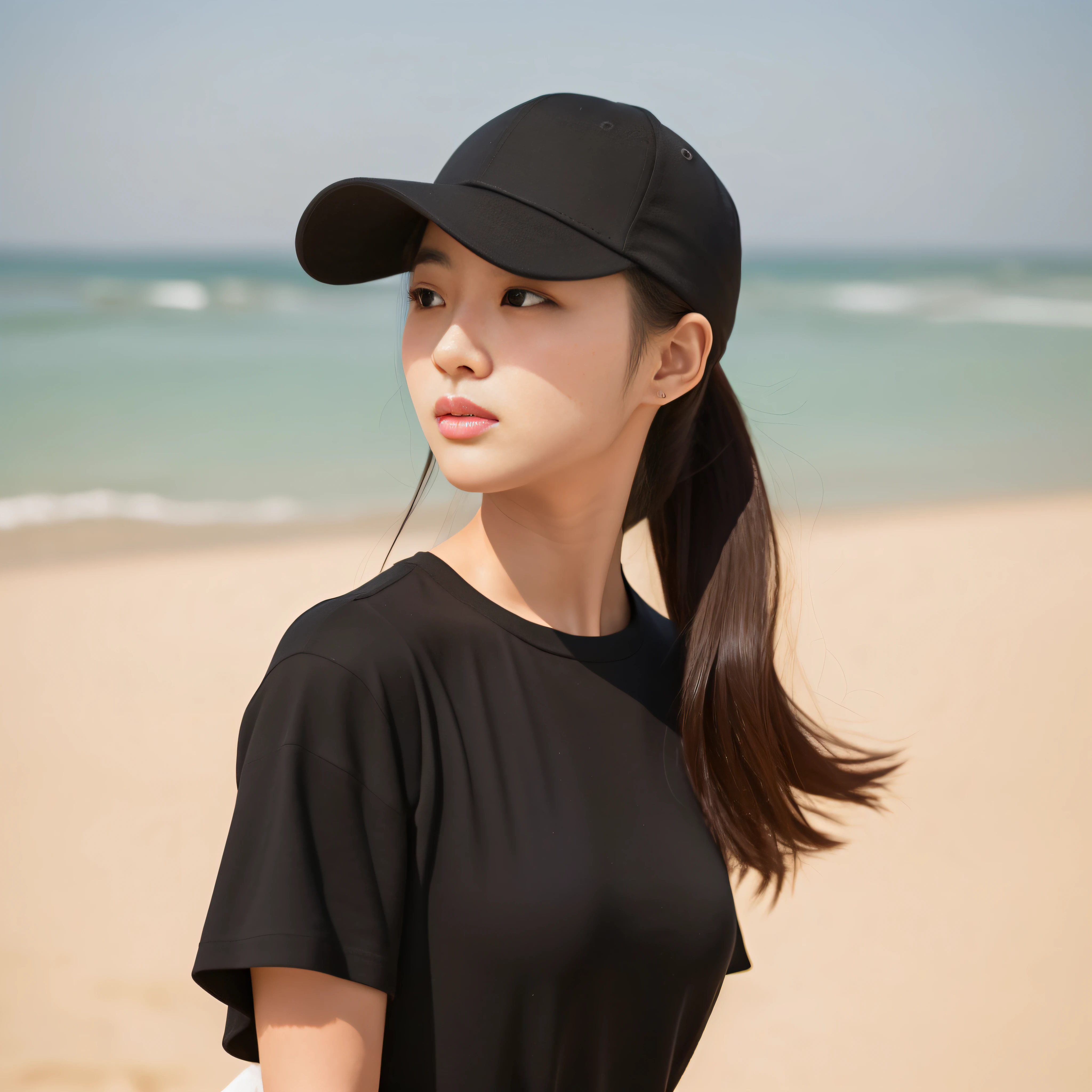 "Real photo, HD 8K pixels, on the beach of a ponytailed woman wearing a black hat and black shirt, her name is Heonhwa Choe, a gorgeous young Korean woman. She wears a baseball cap and is a beautiful Korean female fashion model with short hair. Please capture her image with realistic photos. "