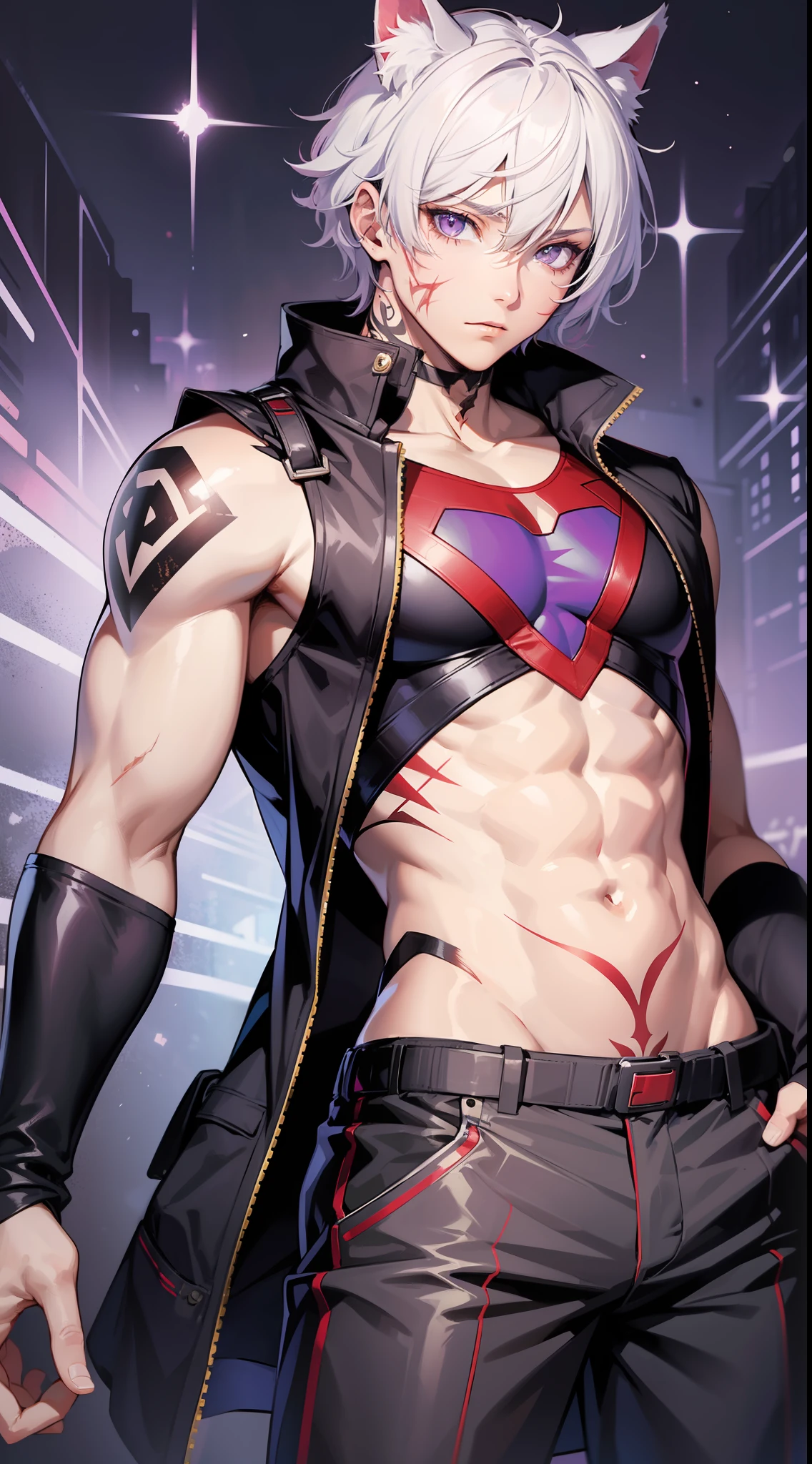 Young guy, short white hair, purple eyes, cat ears, superhero uniform, open torso, pants, scars, tattoos, masterpiece, high quality