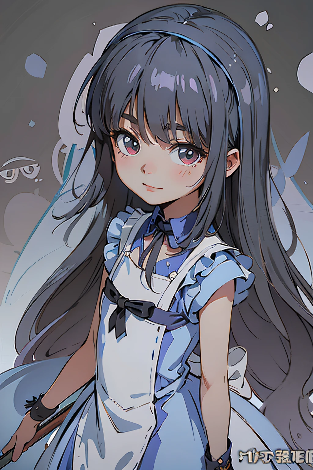 (Masterpiece:1.4), (best quality:1.4), (high resolution:1.4), Alice Liddell, blue dress, white apron, black hair band, viewer watching, black harre, black long hair, black hair, anime girl, anime, bad girl, evil girl, satan, devilish girl, gothic style, crazy face, embodiment of evil, insane