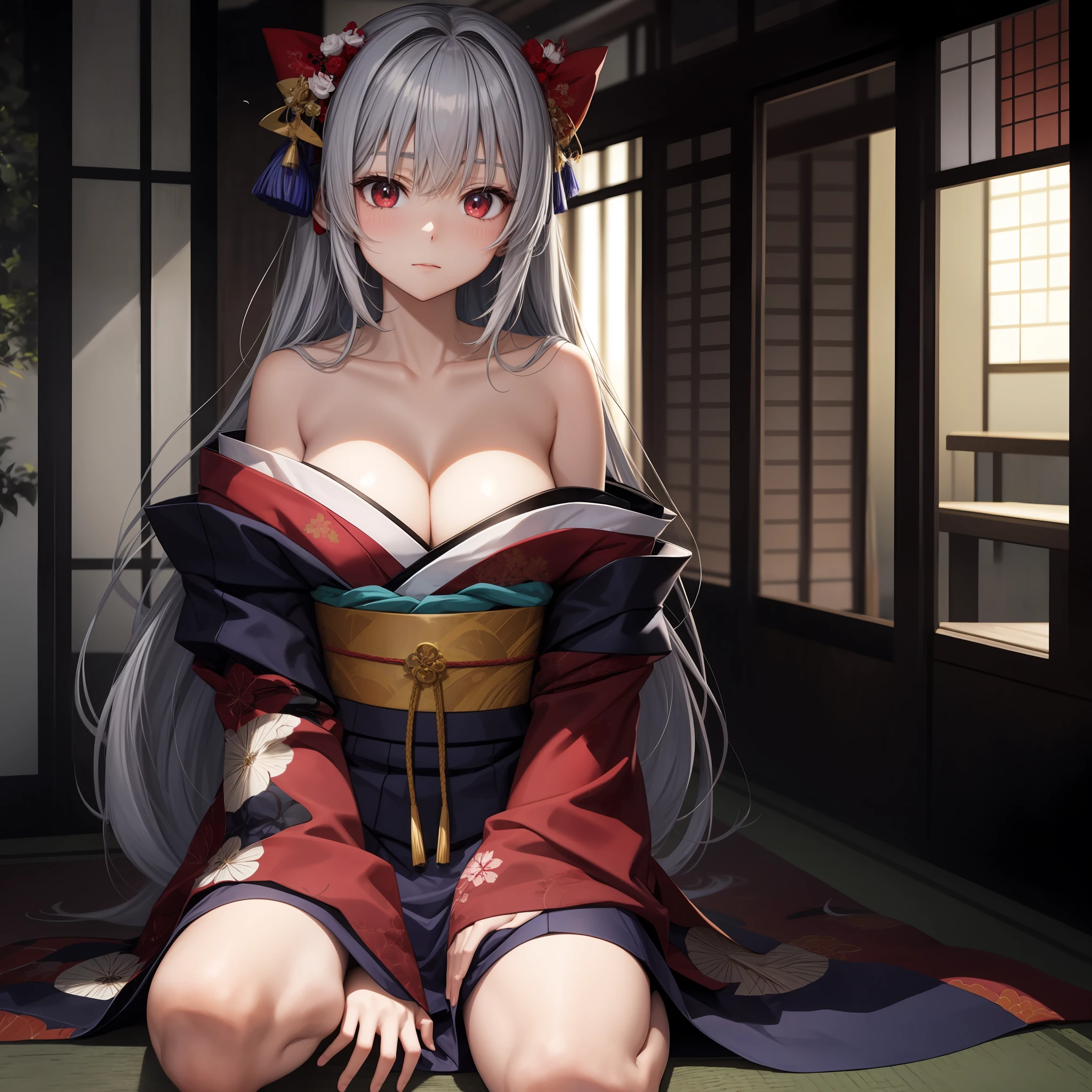 the anime、girl 1 person、Gray Hair、Red Eyes、Kamimei、Red Face、kyoto、month、kimono ,、Off-the-Shoulders、Sitting、solo、