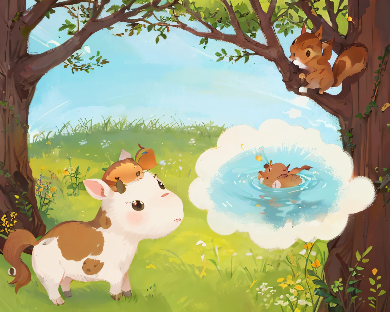cartoon illustration of a cow and a squirrel in a field, cute storybook illustration, childrenbook illustration, children's book illustration, children’s book illustration, children book illustration, kids book illustration, story book illustration, childrens book illustration, a storybook illustration, dreamy illustration, storybook illustration, children's illustration, storybook illustation, colorful kids book illustration --auto