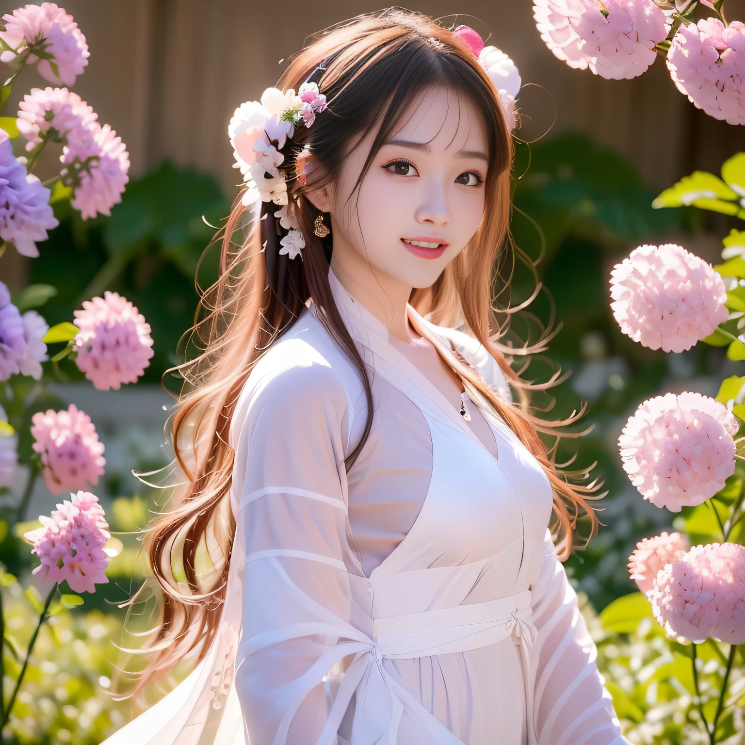 Extremely Detailed CG Unity 8k wallpaper,optimal lighting,super-detailed,best qality,Hi-Res,National style girl,pastel light,beautiful hair,Pink and white Hanfu costume,Open space,white silk,Bright Colors,He smiled,Stand in a sea of flowers
