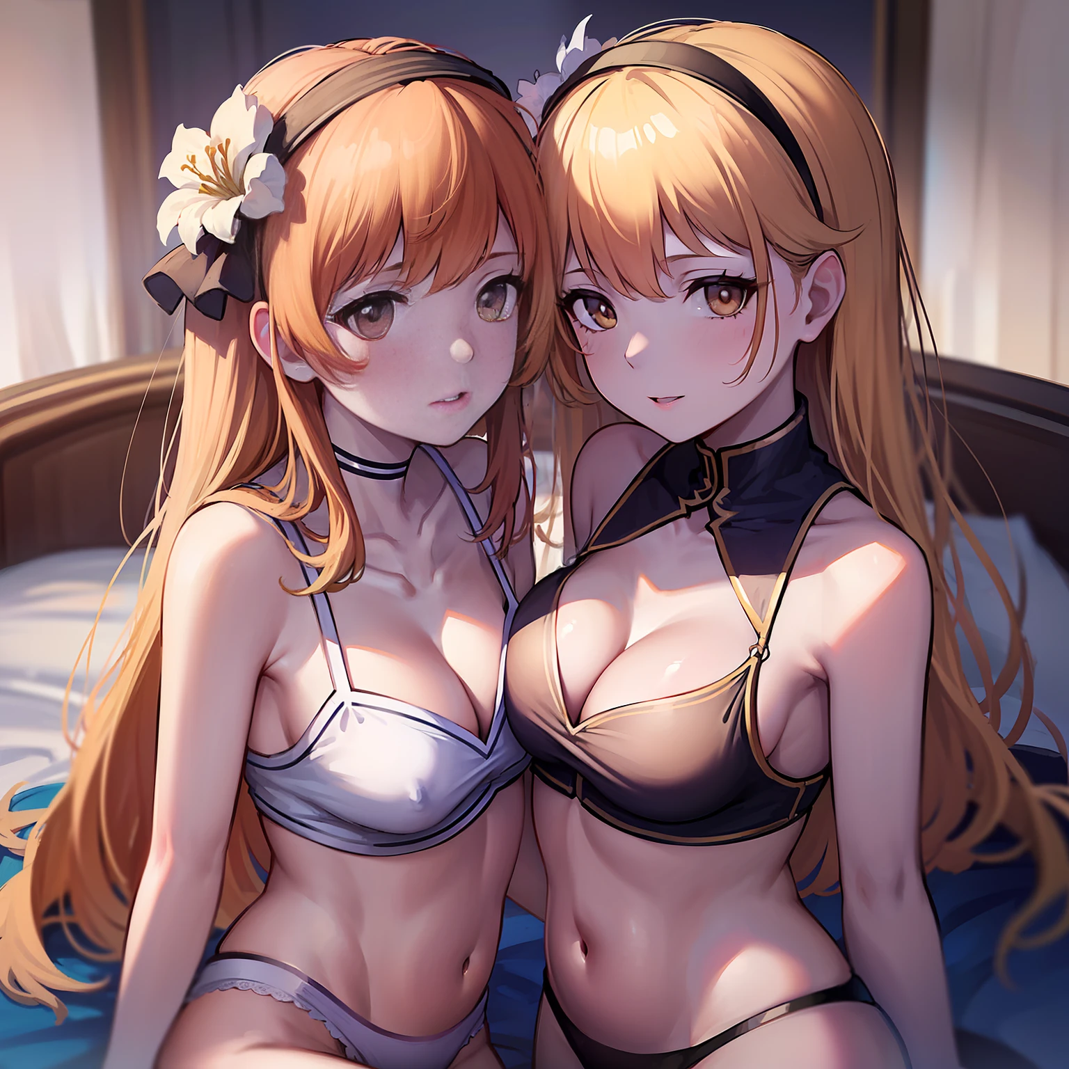 twogirl，blondhair，Golden eyes，He wears a white flower hairpin on his head，High chest，The picture is in portrait style，It was shot close-up。Two girls wearing white erotic underwear，symmetric_docking，(viewed_ved_another:1.3),(face another:1.3)