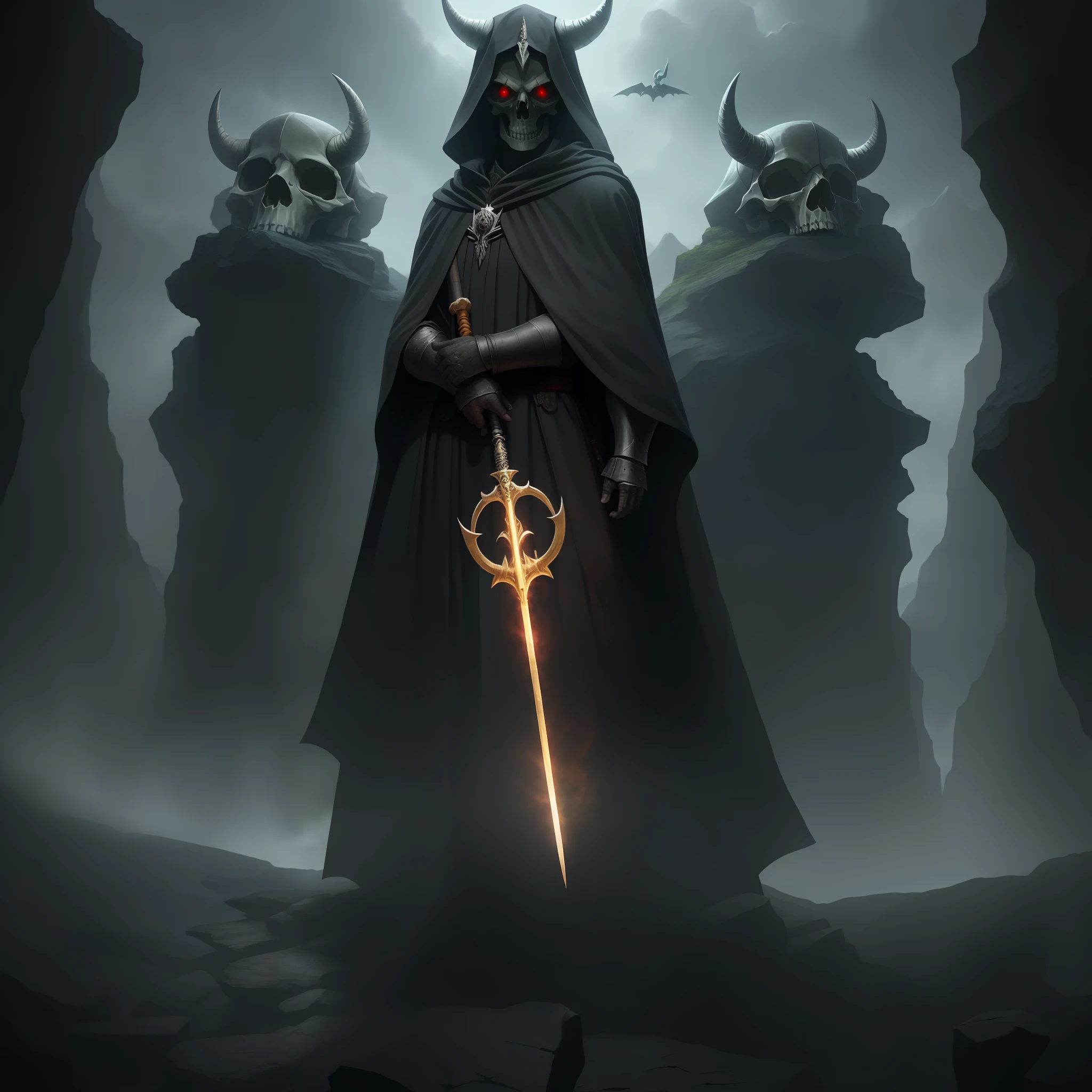 Horned skulls, wearing black robes, red eyes, wielding magic wands, like knights, standing on a cliff