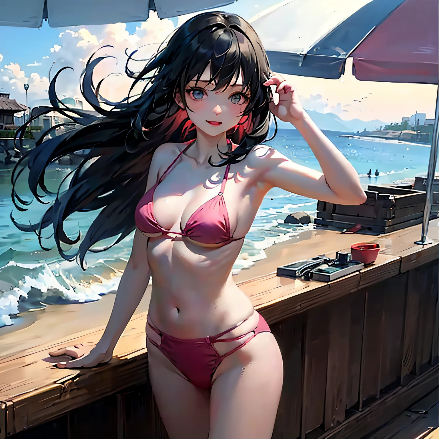 A girl with long black hair, wearing a pink bikini, stands on the beach WeChat --auto
