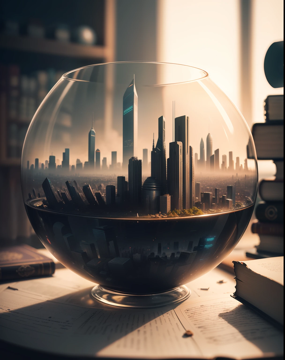 mini\(ttp\), (8k, RAW photo, best quality, masterpiece:1.2), ((miniature futuristic city skyline in a glass bowl sitting on old books)), out of focus book case,