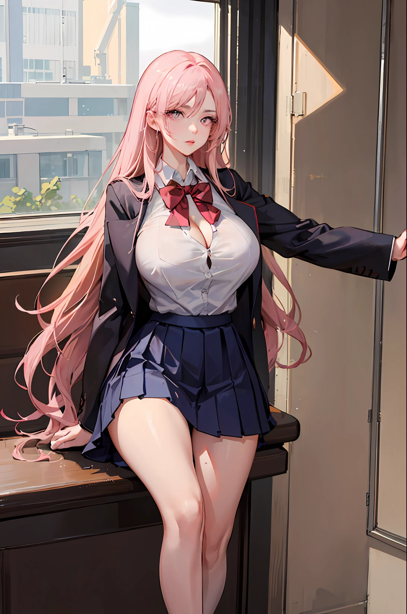 1girl, nsfw, masterpiece, best quality, slender girl with hourglass body and massive breasts, solo, pretty, cute, shy girl, ((girl wears school uniform, short pleated skirt, white blouse, Korean school uniform, unbuttoned blouse)), sexy, girl shows enticing breasts, chest, pink areolas, ((blond hair, long hair)), pink eyes, detailed eyes, beautiful eyes, delicate eyes, ((hourglass body, sexy body)), correct anatomy, correct limbs, ((massive breasts, large breasts)), juicy lips, pouty lips, [detailed background (korean school, korean high school, Seoul, south korea)]