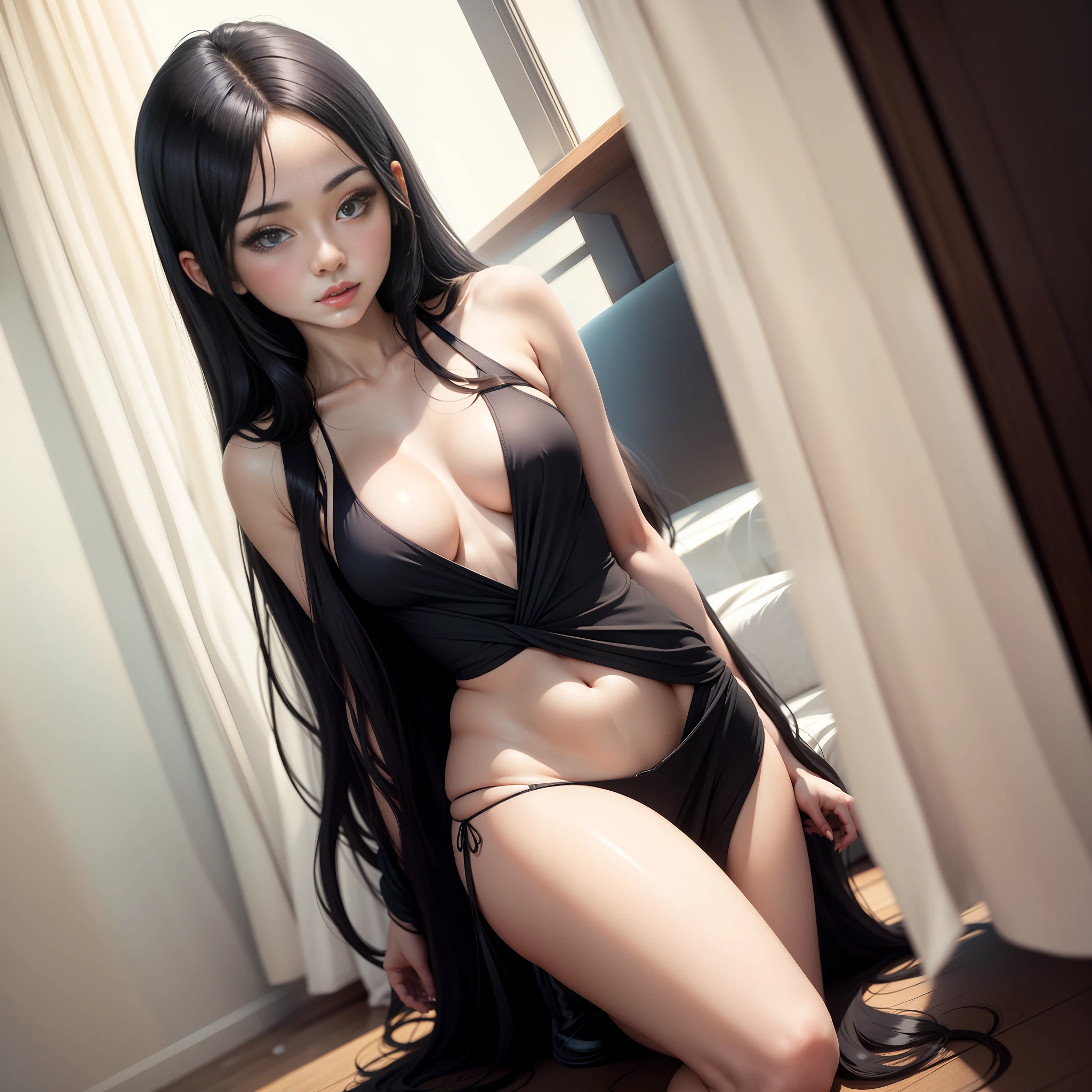 Cute girl with white skin and long black hair