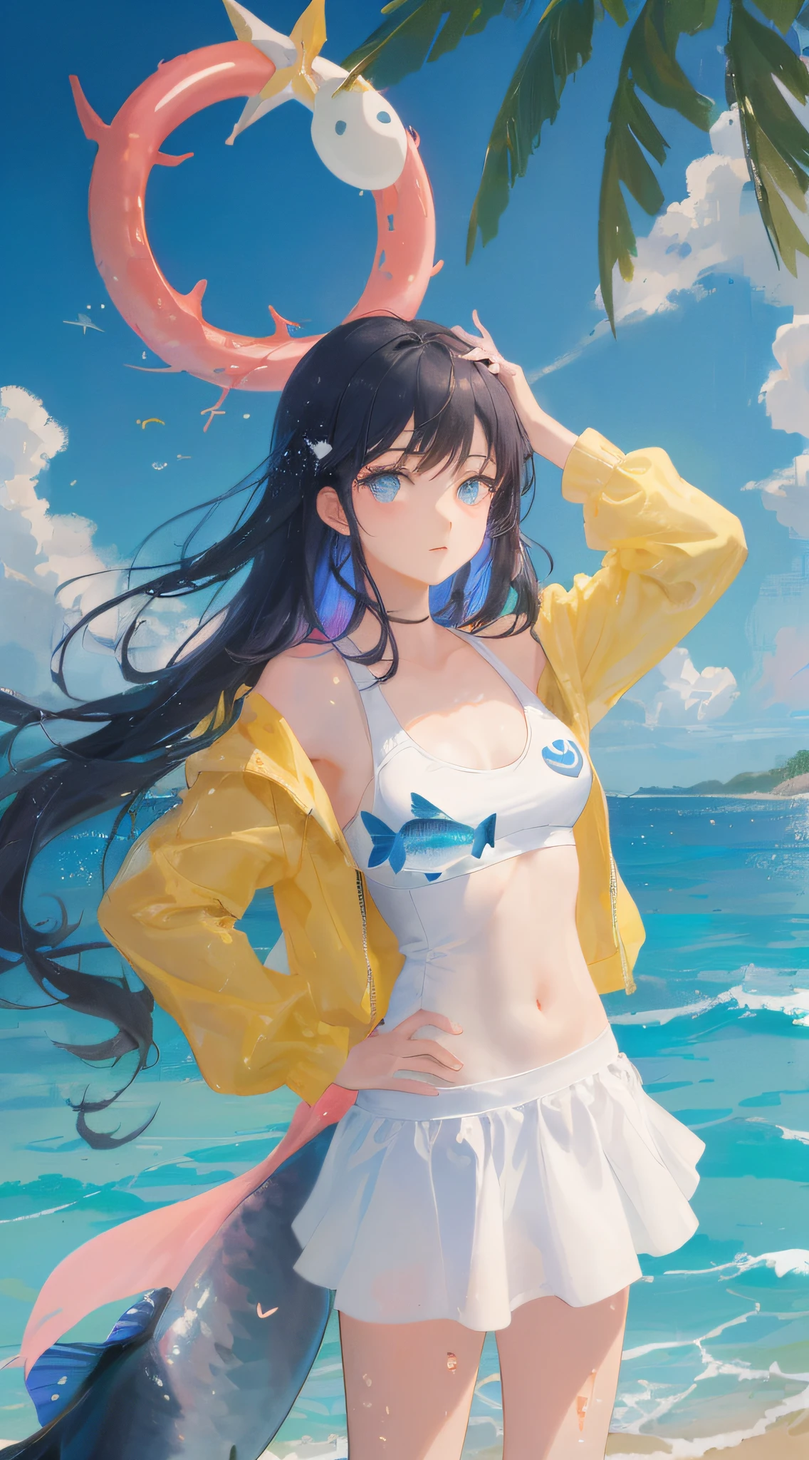 art by Cornflower, dreamy, (A beautiful, teenaged, anime-style girl with blue eyes and long, black hair, wearing a pale yellow, shiny, long-sleeved, open-chest, long skirt swimming suit with a pink, white, and yellow, heart on it is posing with her hands on her hips, in front of a beach and a bright, blue sky with clouds in it, there are palm trees in the background on both sides of the picture, and there are lots of blue and yellow fish swimming in the ocean, and there is a police helicopter with lights on it flying over the girl)